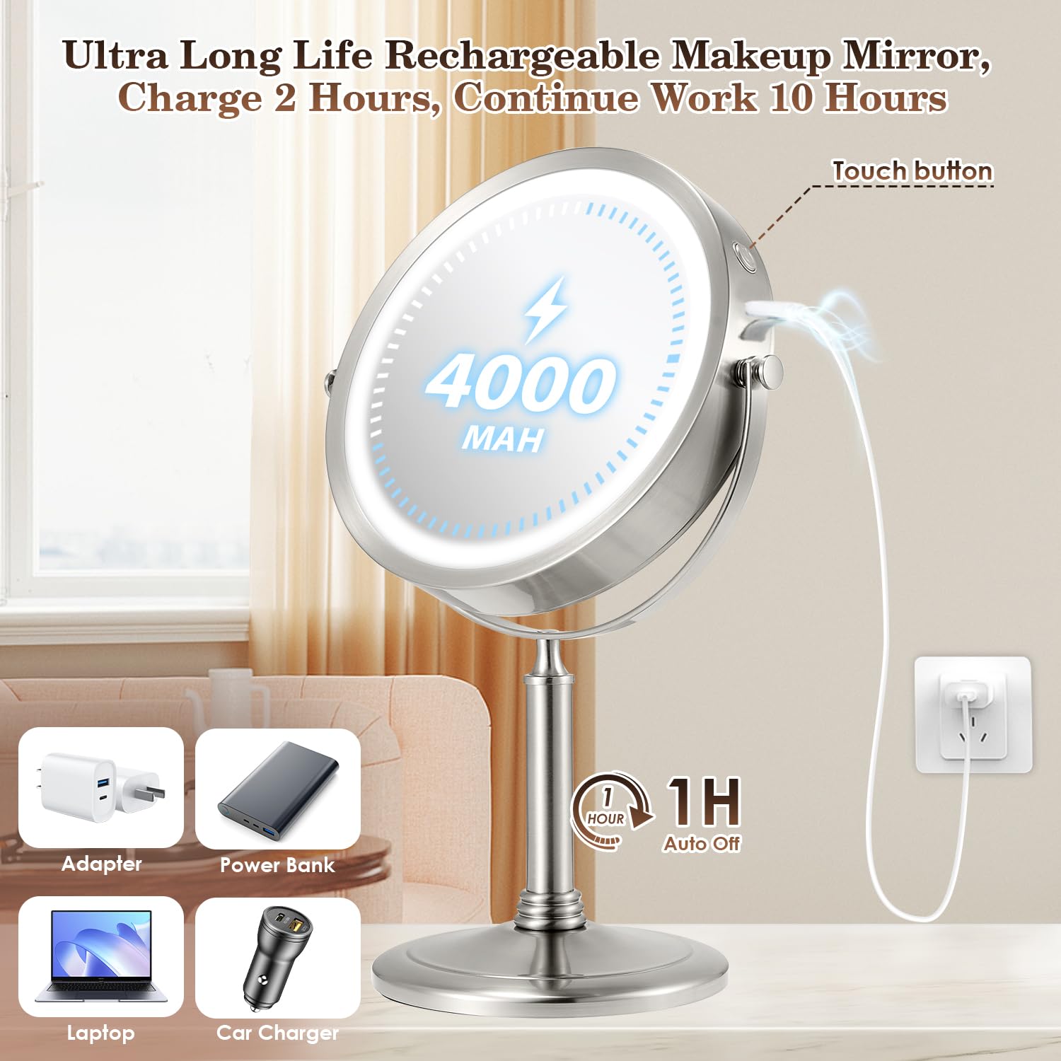 10X Large Lighted Makeup Mirror, Rechargeable 8'' Vanity Mirror With 3 Colors Dimmable Light,1X/10X Double Sided Hd Undistorted