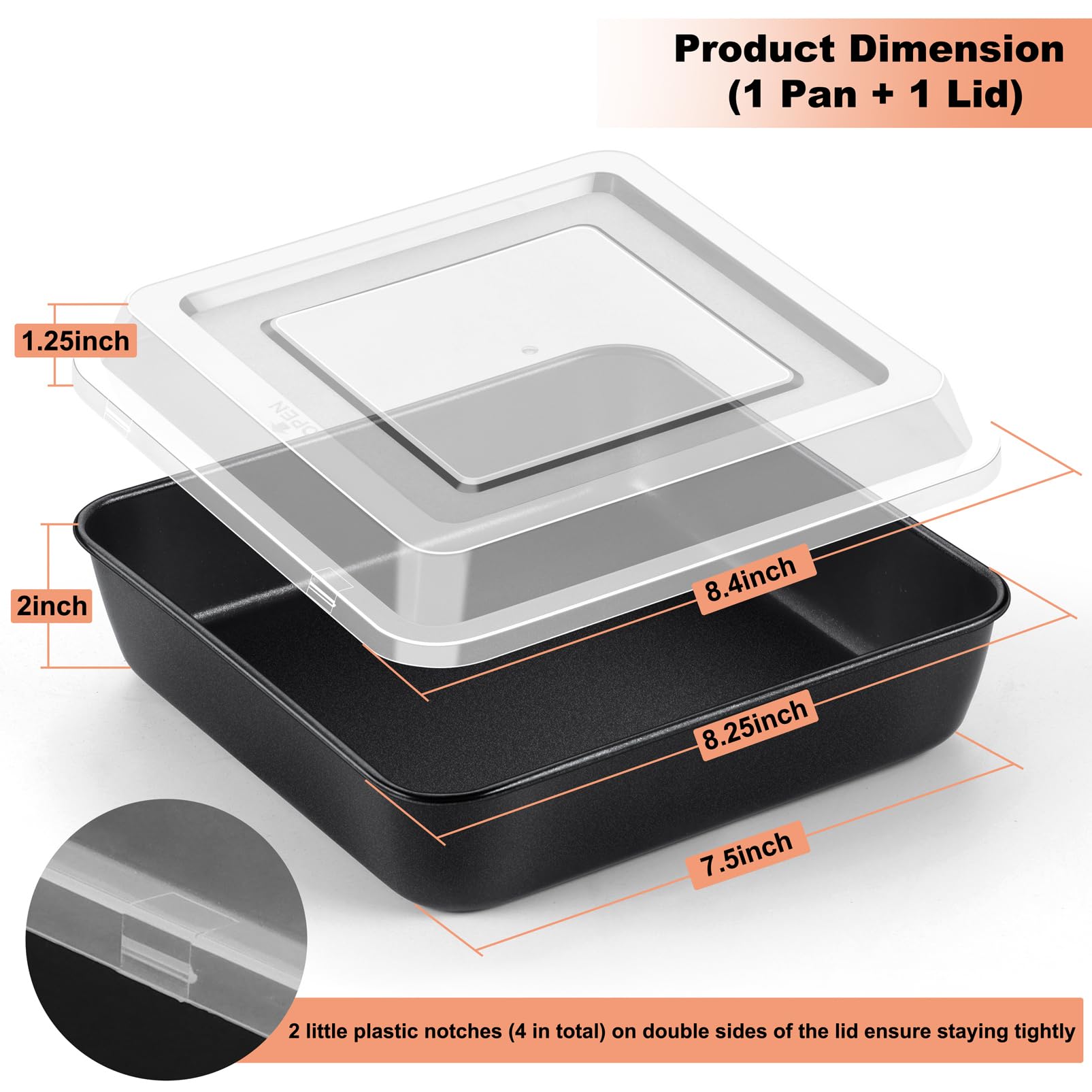 Teamfar 8 Inch Cake Pan, Square Cake Baking Pan & Plastic Lid Set With Stainless Steel Core & Nonstick Coating, For Baking Brown
