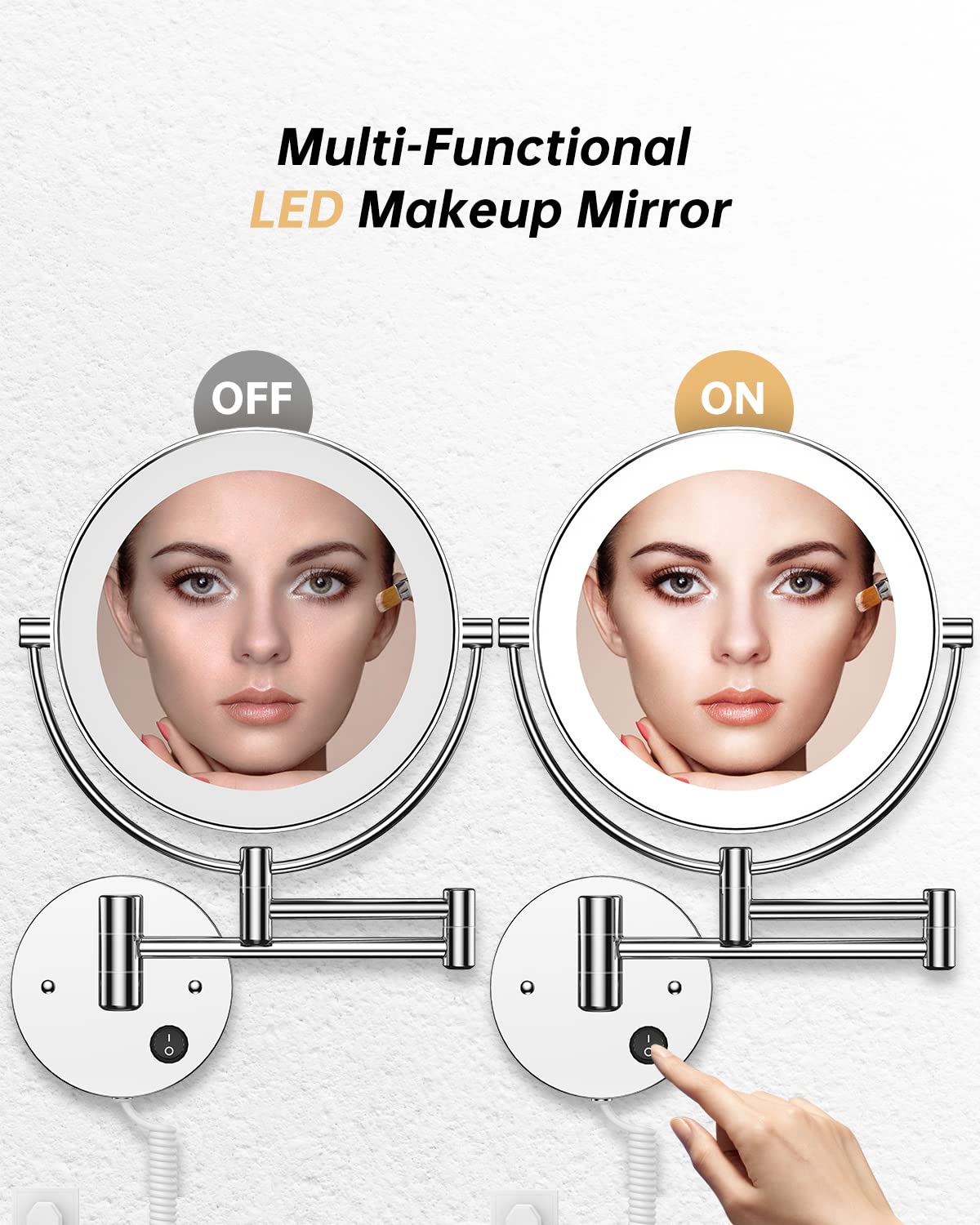 Gospire 8.5 '' Wall Mounted Lighted Magnifying Mirror  1X/10X Double-Sided Magnification Round LED Cosmetic Vanity Bathroom Mirror Extendable Arm 360 Swivel for Shaving Makeup