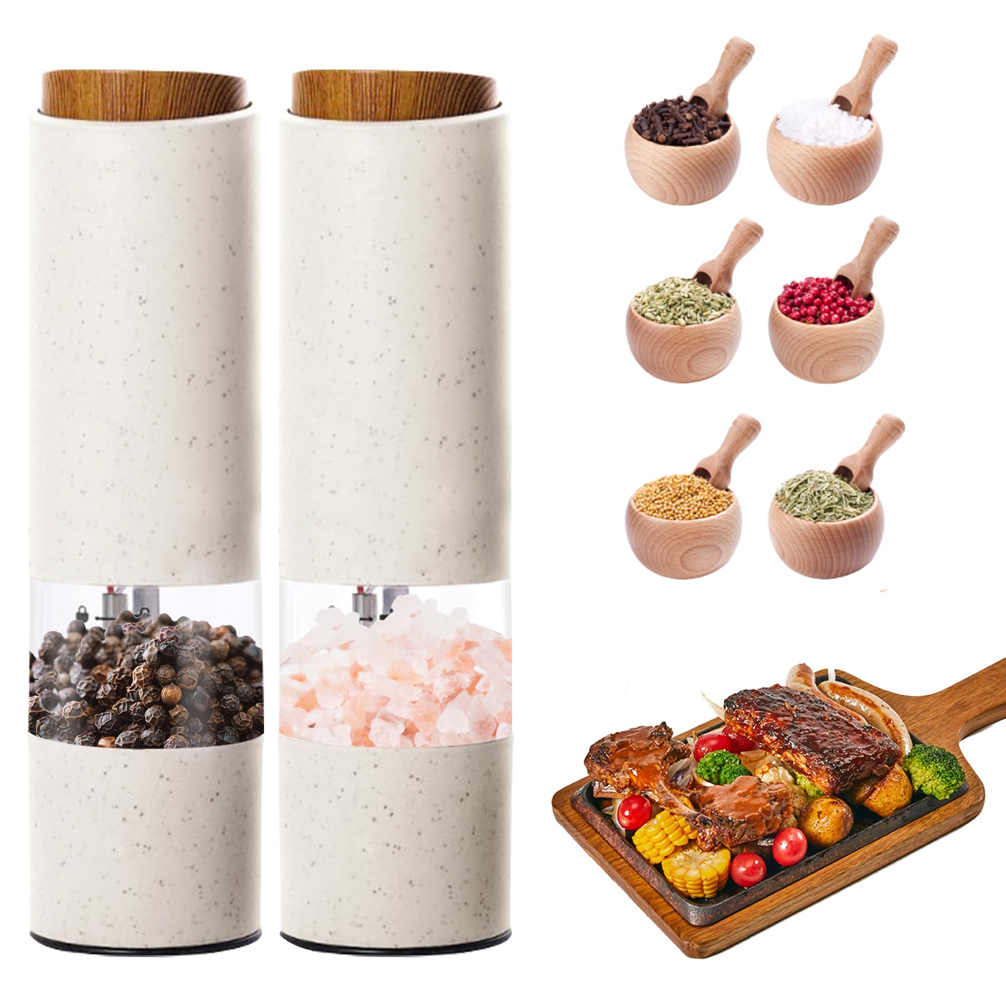 AmaCielo Electric Salt and Pepper Grinder  Pepper Grinder Set 2pcs  Wheat Straw Eco-friendly Material Automatic Pepper Salt Grinder  Adjustable Roughness  One Hand Operation
