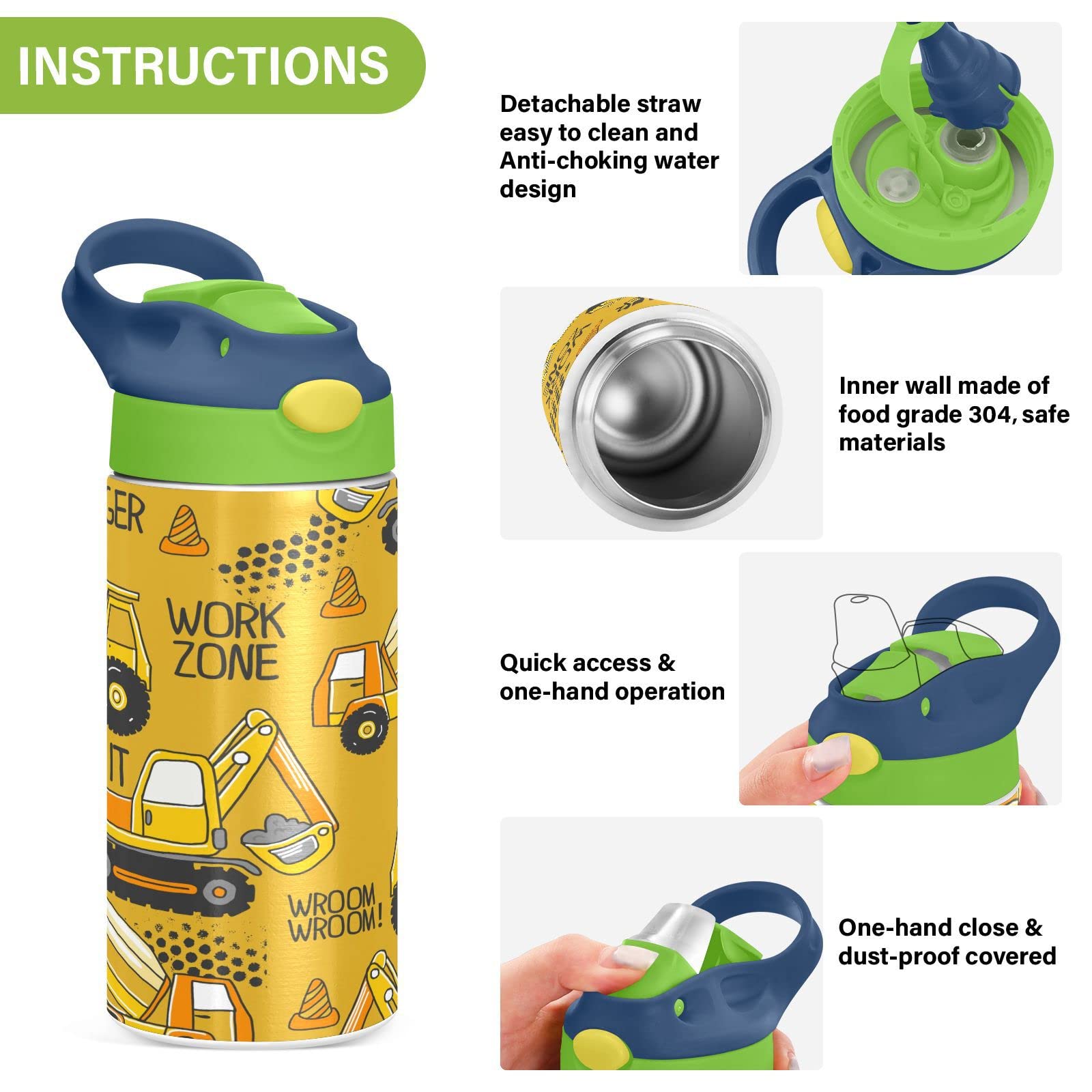 Boccsty Tractor Yellow Truck Kids Water Bottle With Straw Lid Construction Machines Insulated Stainless Steel Reusable Tumbler F