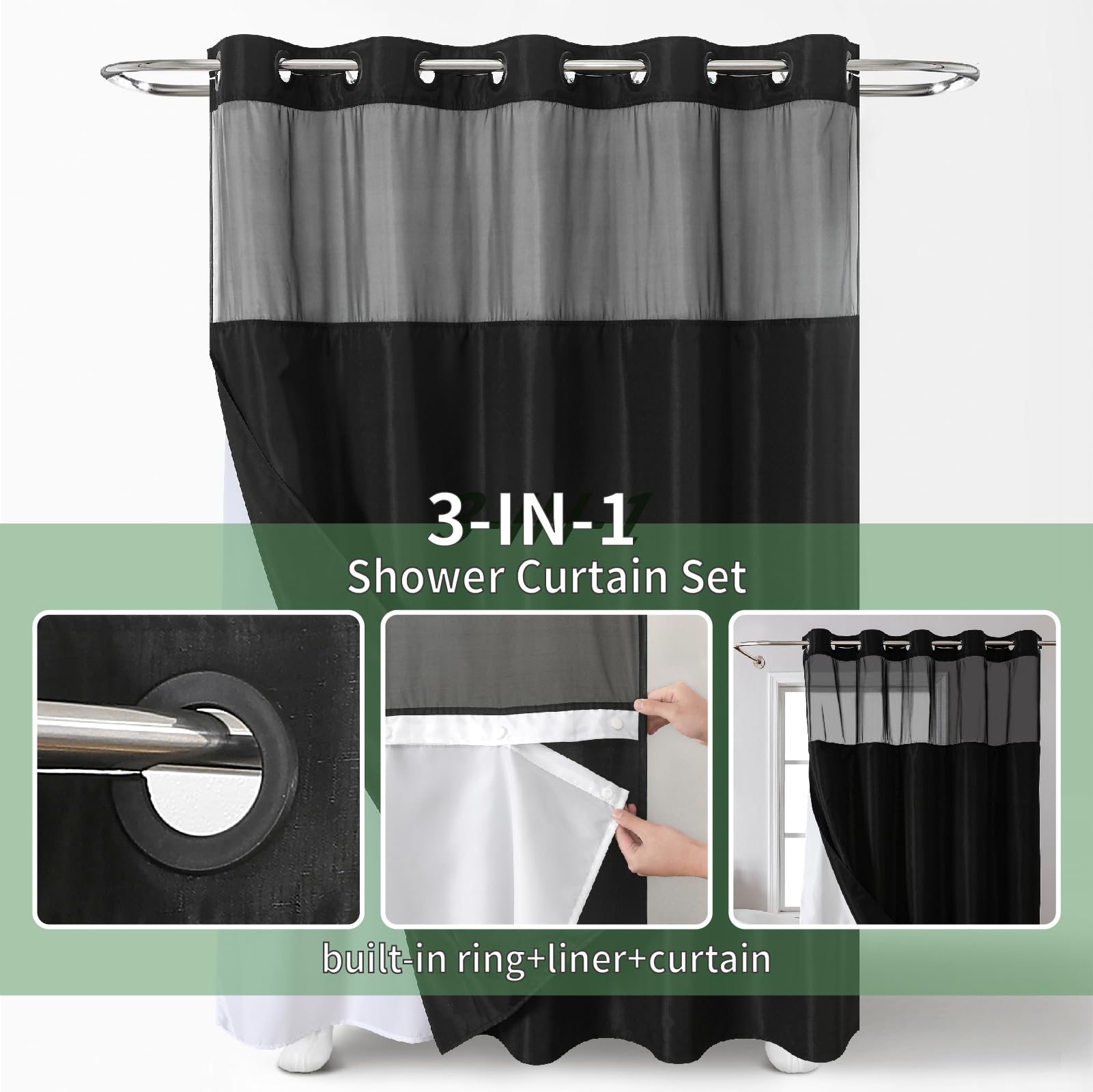 Eachope Black Long No Hook Shower Curtain With Snap-In Fabric Liner Set,Slub Textured Fabric Shower Curtains For Bathroom,Hotel