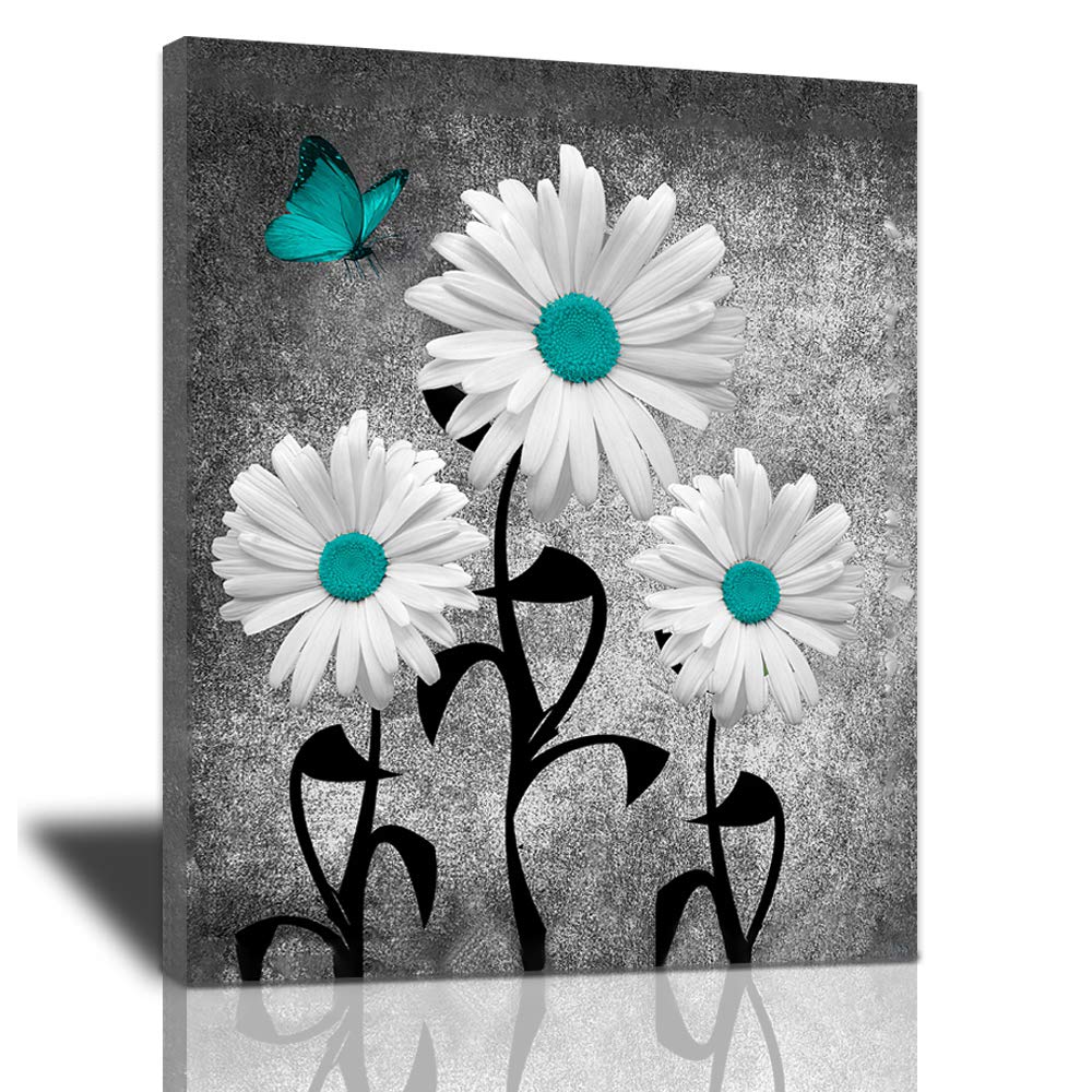 Bulldog Leather Works Abstract Bathroom Decor Canvas Wall Art, Teal Daisy Butterflies Farmhouse Flower Poster Black White Motiva