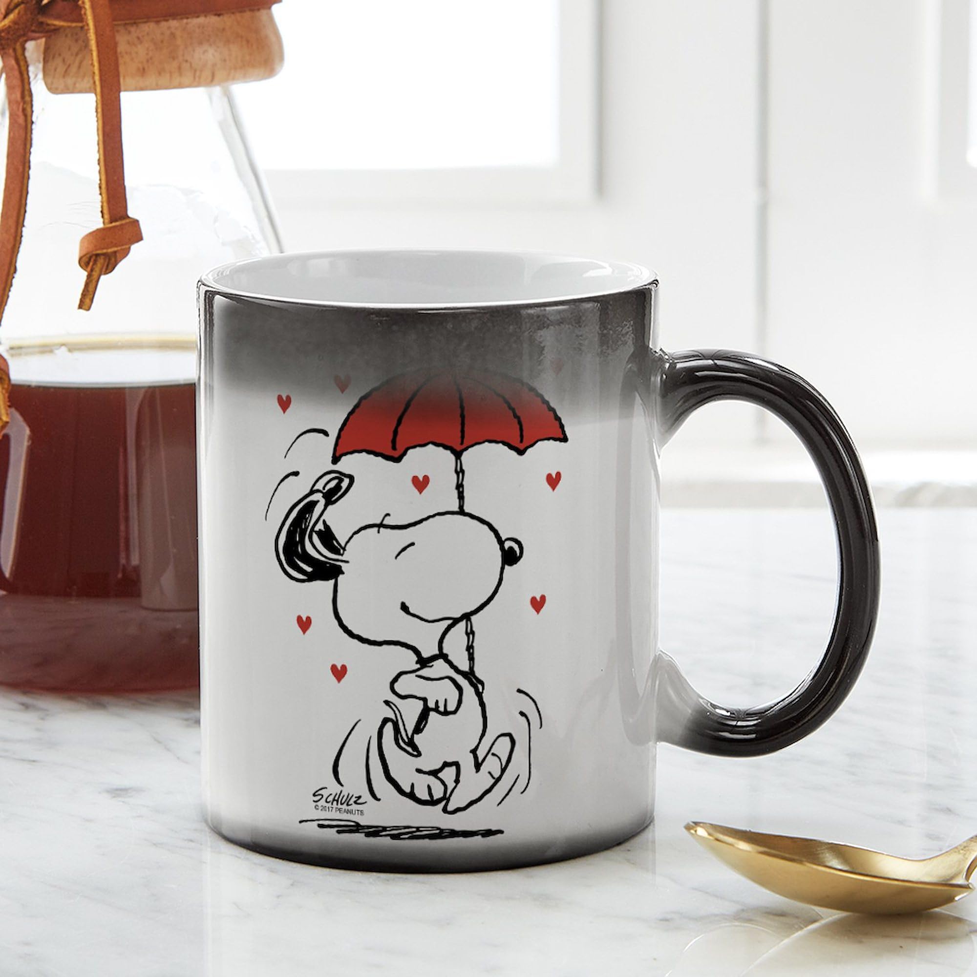 Cafepress Peanuts: Snoopy Raining Hearts Ceramic Magic Mug Coffee, Tea Cup 11 Oz
