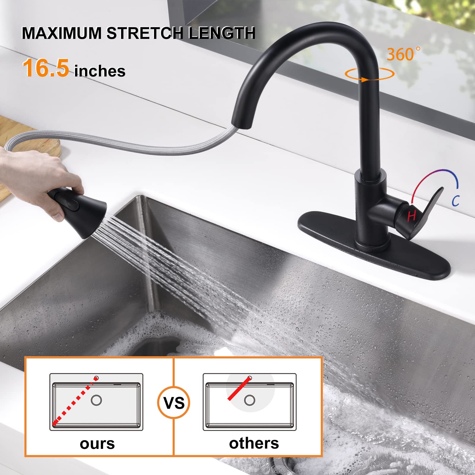 Kitchen Faucet with Pull Down Sprayer:2 Modes Stainless Steel Kitchen Sink Faucet Single Handle Faucet for Kitchen Sink RV Kitchen Faucet Laundry Sink Faucet with 1.8GPM  Matte Black