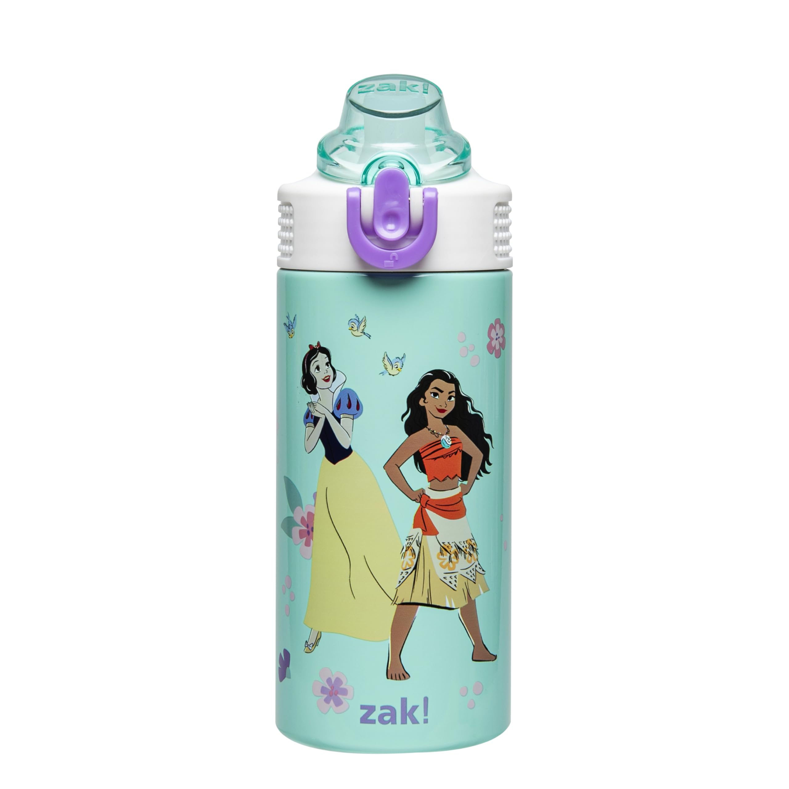 Zak Designs Disney Princess Kids Water Bottle For School or Travel, 14oz Stainless Steel Water Bottle With Straw, Handle, and Le