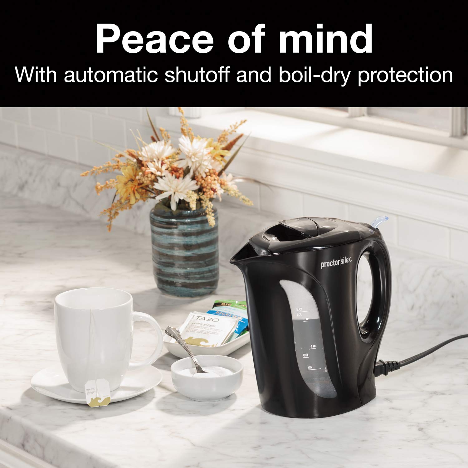 Proctor Silex Electric Tea Kettle, Water Boiler & Heater Auto-Shutoff & Boil-Dry Protection, 1000 Watts For Fast Boiling, 1 Lite