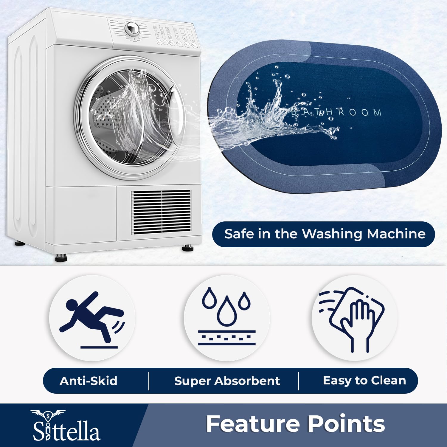 Sittella Rubber 3 Pieces (3.5Mm) Anti-Skid Water Soaking Bathroom Print Door Mat, Water Absorbent Mat (40X60Cm) Blue, Oval