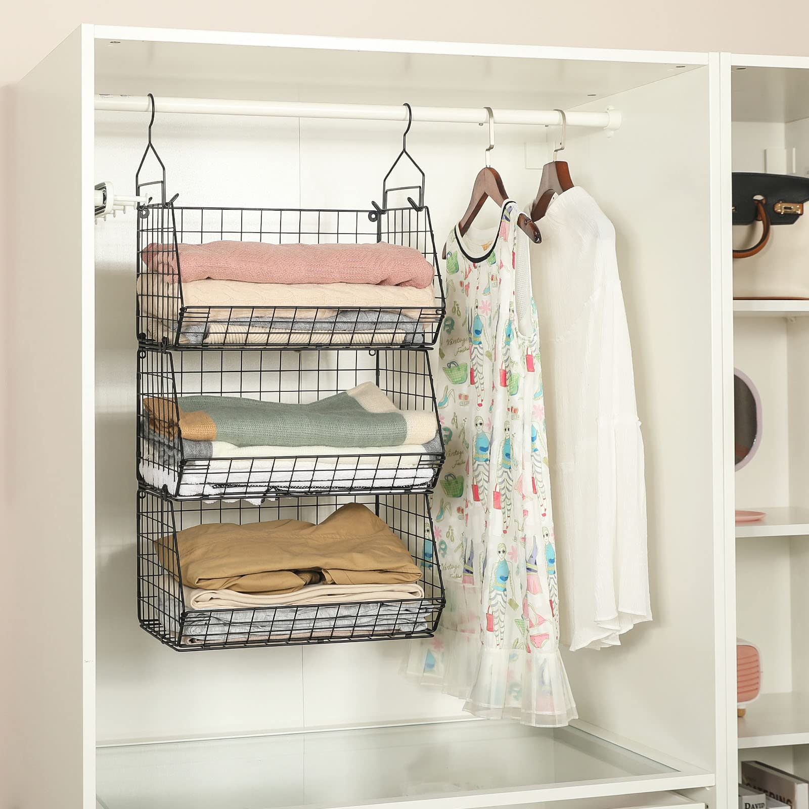 Jautokerdar 3 Tier Closet Hanging Shelves With Divider, Extra Large Closet Organizers And Storage, Clothes Hanging Organizer Clo