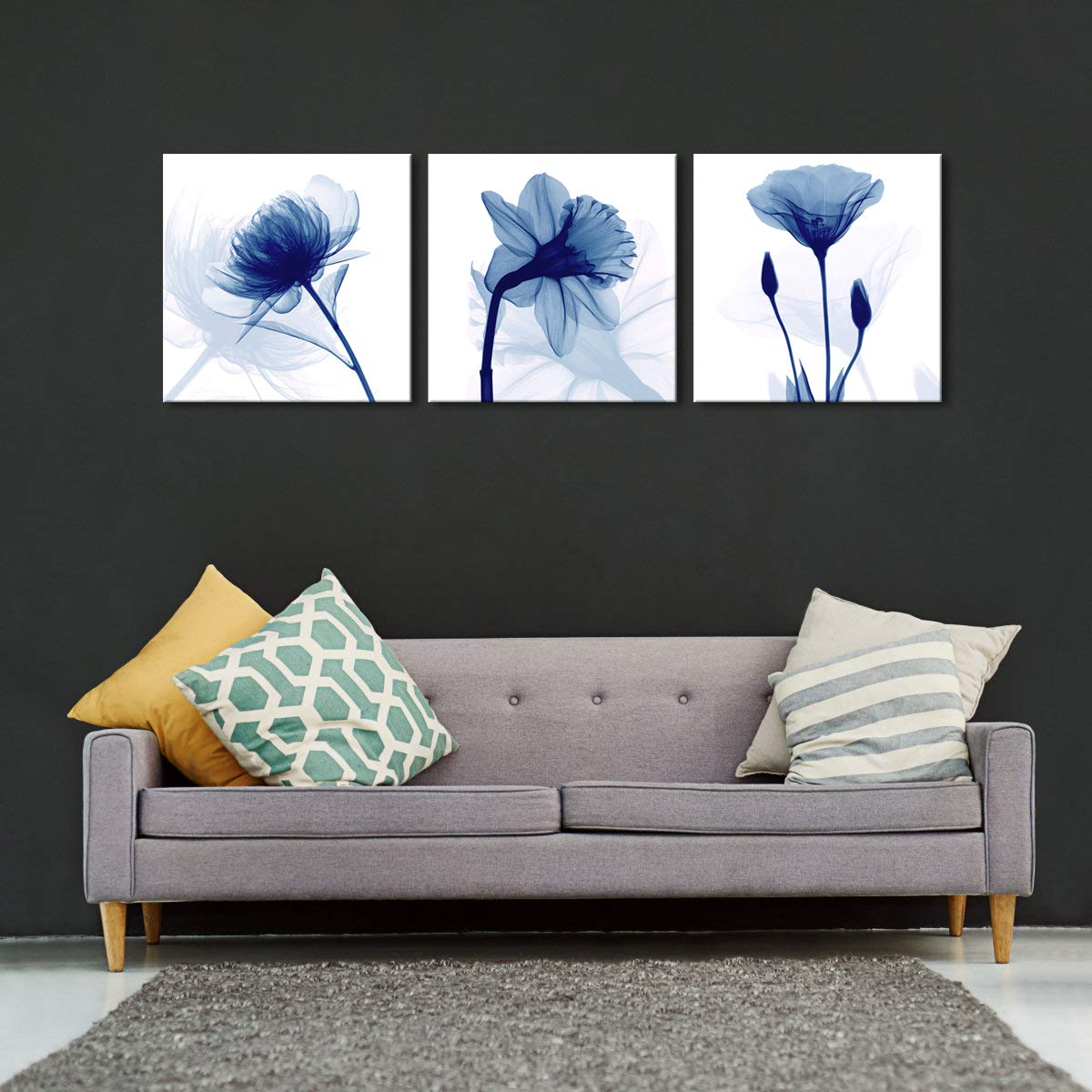 Wieco Art Blue Abstract Flowers 3 Panels Canvas Prints Wall Art Modern Pictures Artwork For Living Room Bedroom And Home Decorat