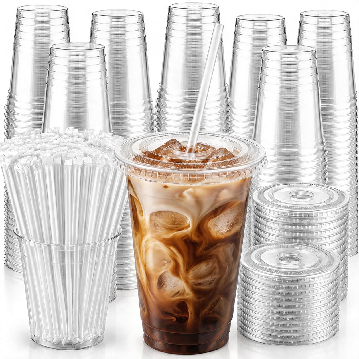 HKSTUFC Clear Plastic Cups 16 oz with Lids and Straws for Cold Drinks