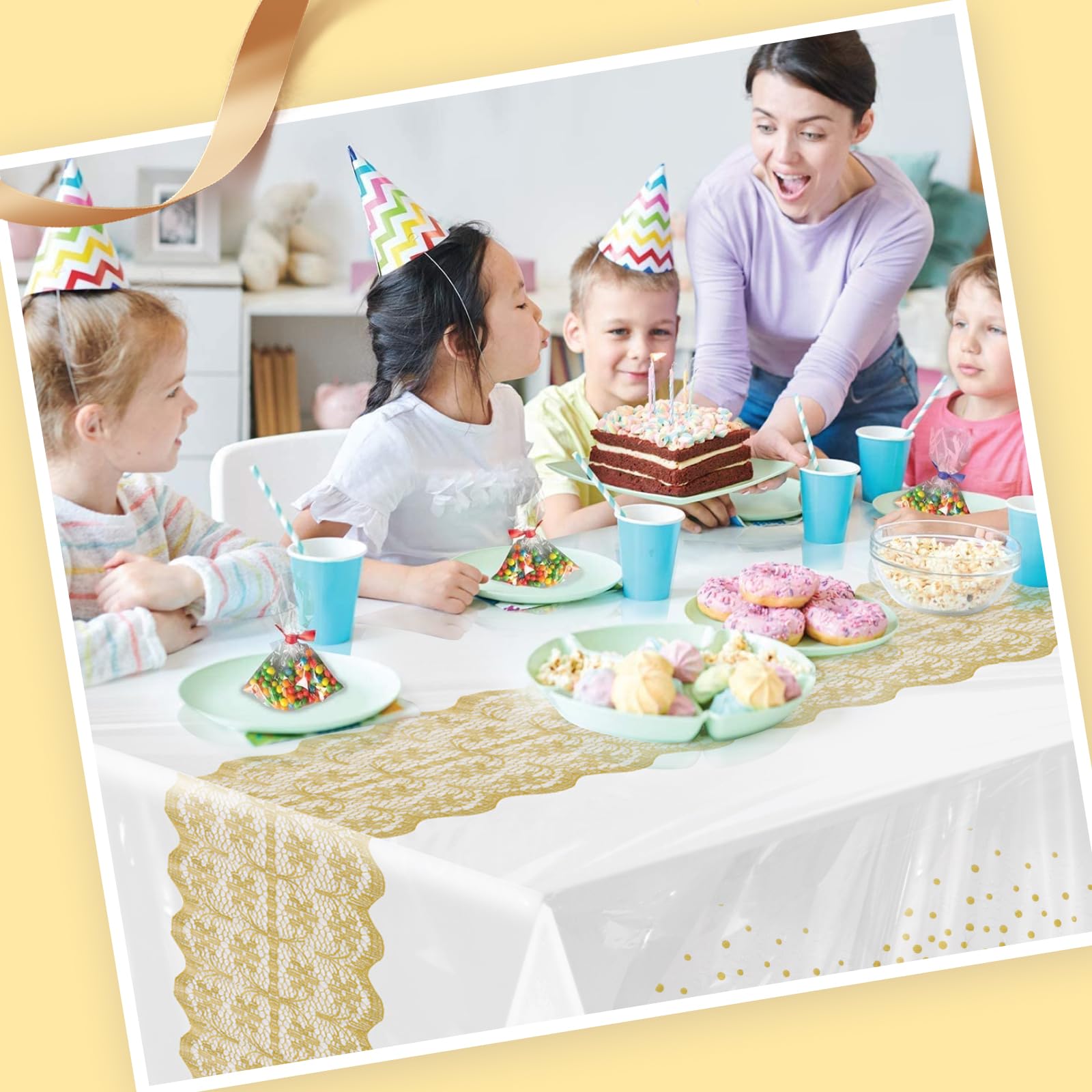Goodluck 54 Inch X 100 Feet Plastic Table Cloths with Cutter Box, Gold Disposable Table Cover Roll, Plastic Tablecloth for Party