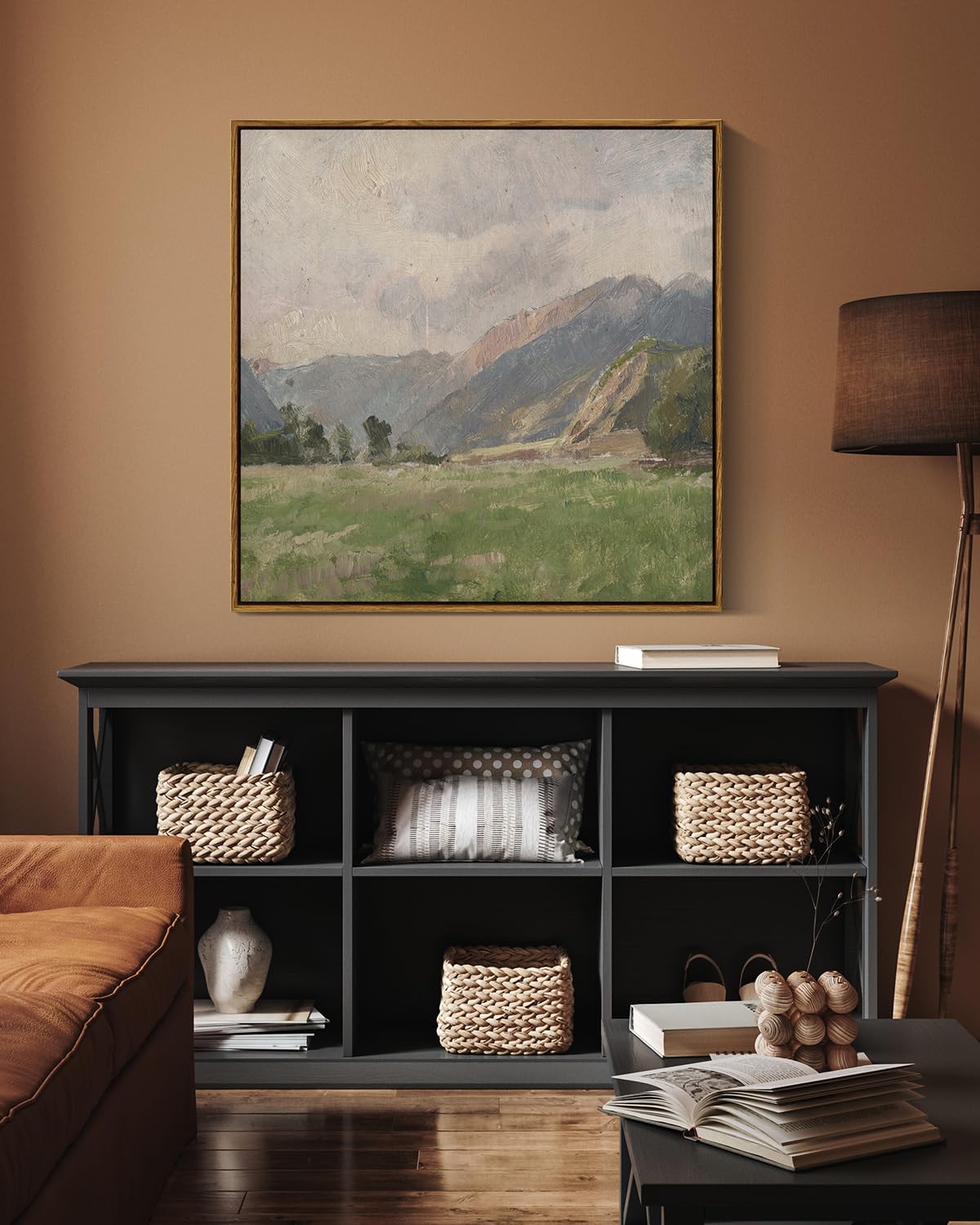 Insimsea Square Framed Canvas Wall Art, Large Decor Retro Prairie Mountain Landscape Paintings, Nature Scenery Wall Pictures For