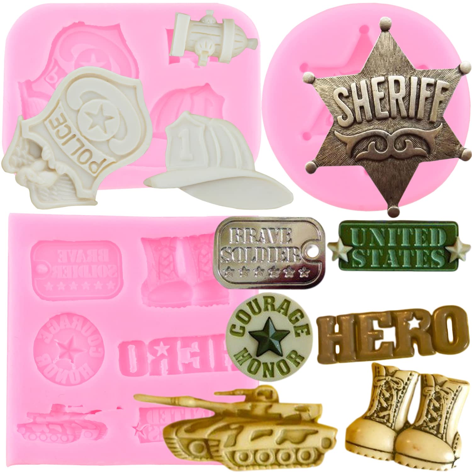 Mujiang Soldier Hero Army Tank Silicone Mold Fireman Hat Badge Fondant Mold For Cake Decorating Gum Paste Candy Chocolate Set Of