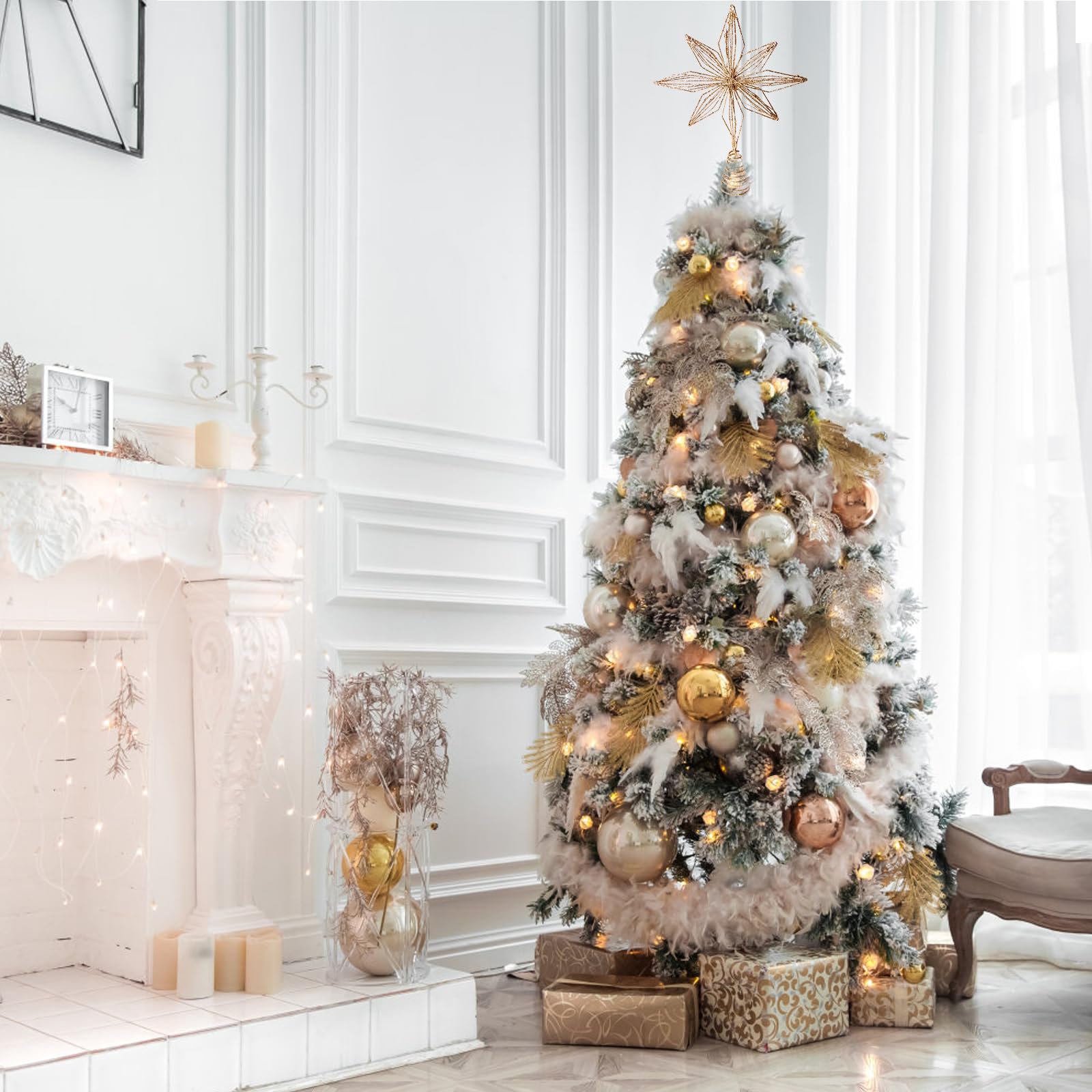 Christmas Tree Topper 10 Golden Glittered Star Tree Topper with 30 LED Lights Xmas Tree Topper Star for Xmas Decorations Ornamen