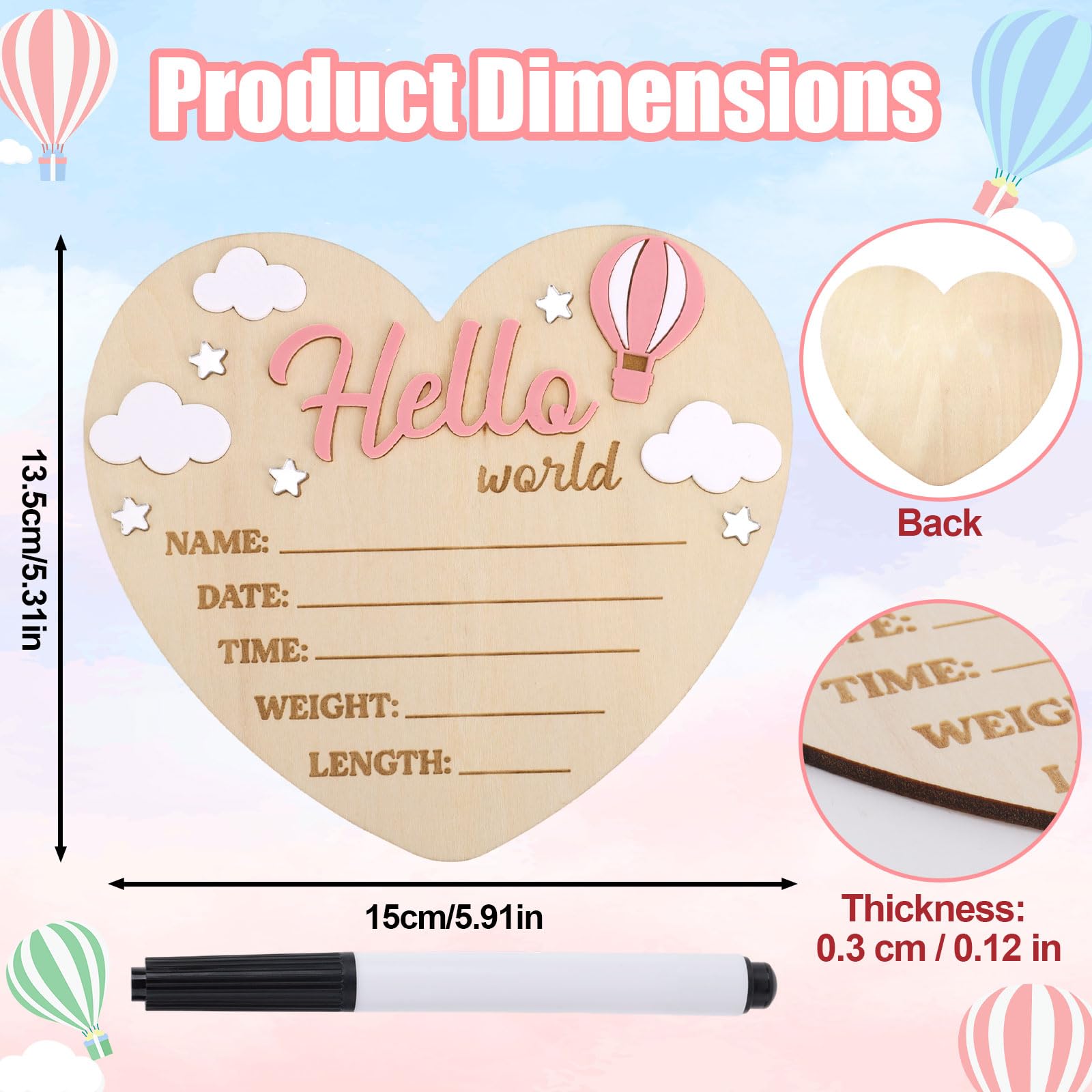 Hello World Newborn Sign, Heart Shape Basswood Newborn Birth Name Sign Welcome New Baby Announcement Board for Nursery Home Deco