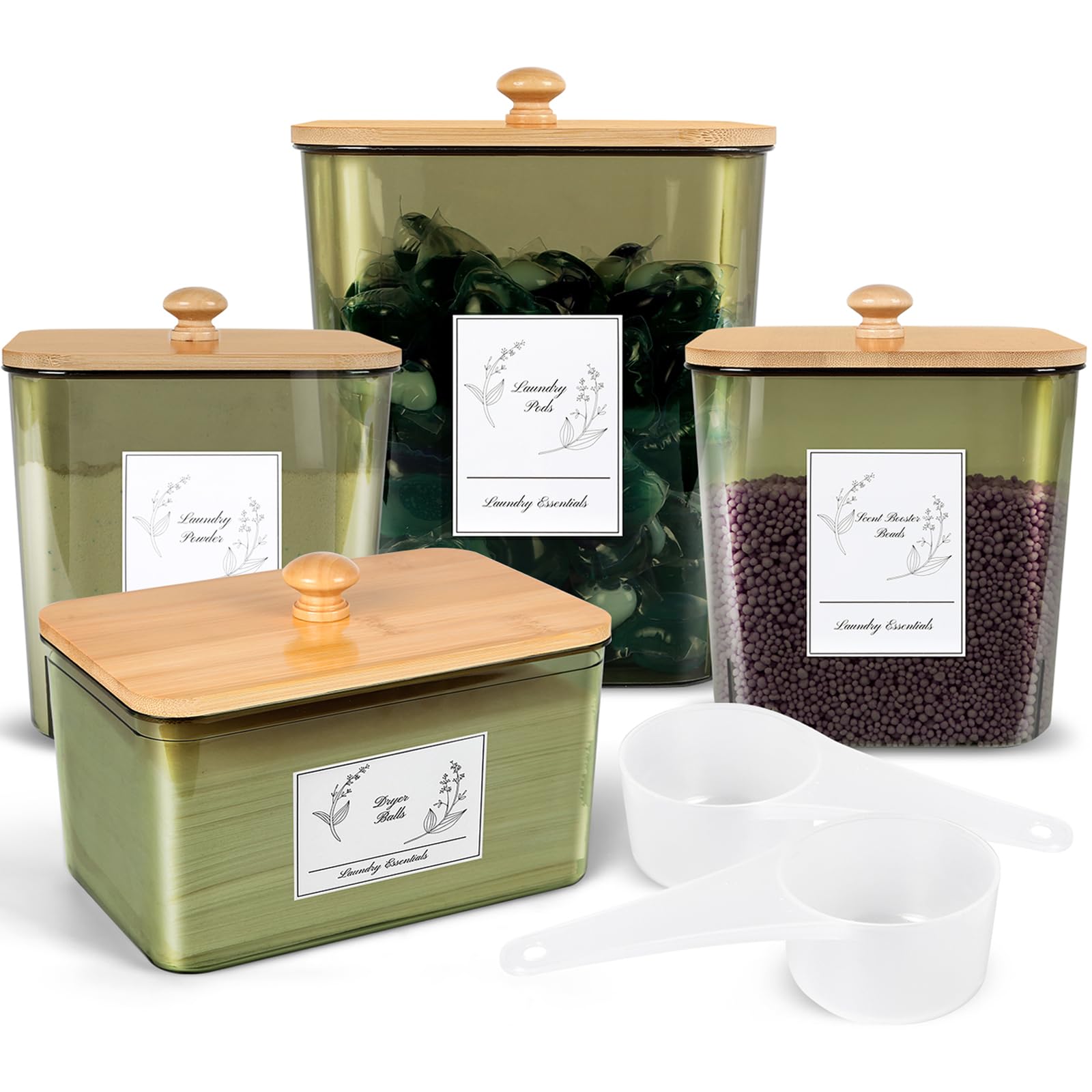 Zingbee 4 Pack Laundry Pods Container & Dryer Sheet Holder, Plastic Laundry Pod Holder With Lids & Scoops, Laundry Room Organiza