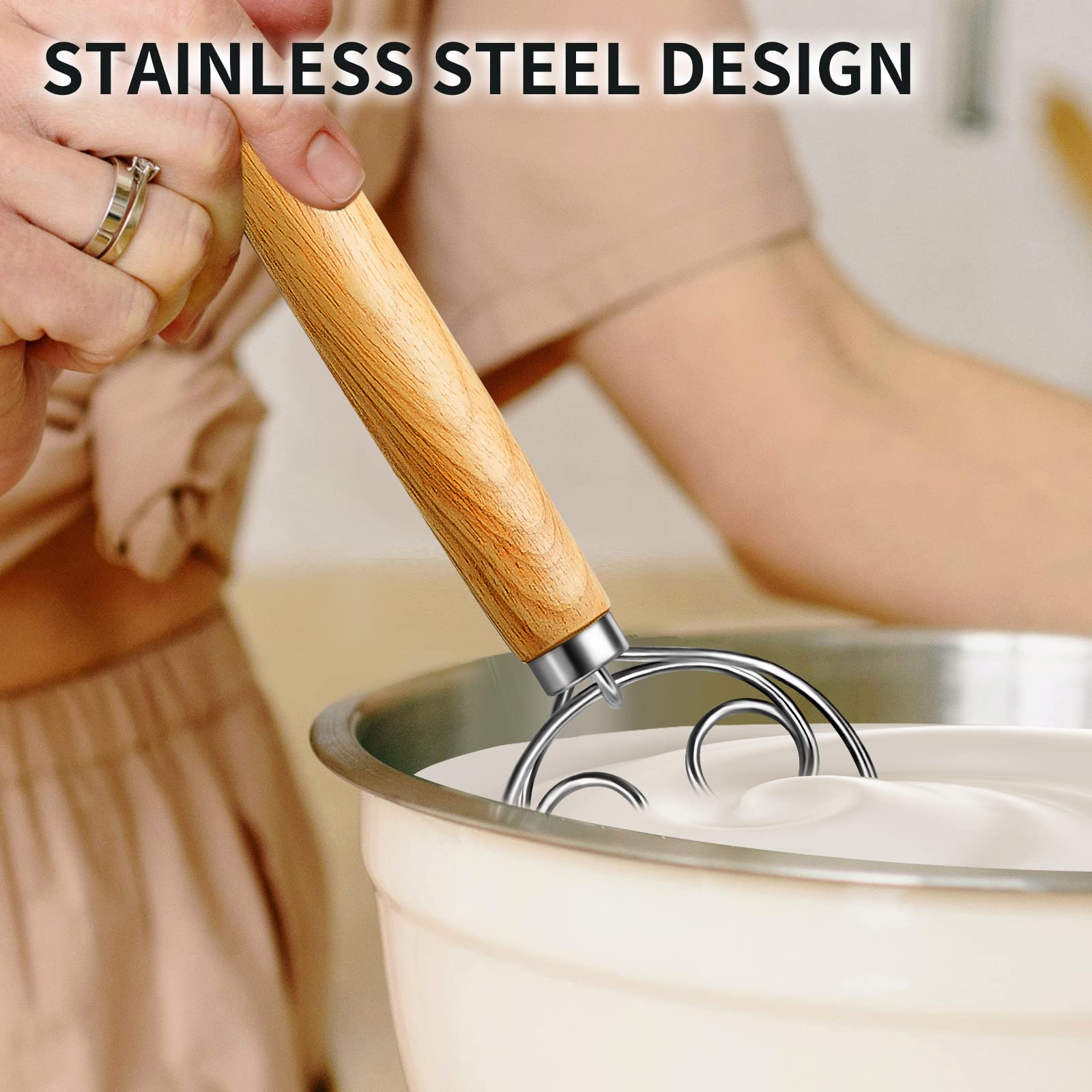 Teevea Danish Dough Whisk Stainless Steel Dough Hook Dutch Whisk For Sourdough Bread Dough Mixer Hand Wooden Handle Kitchen Whis