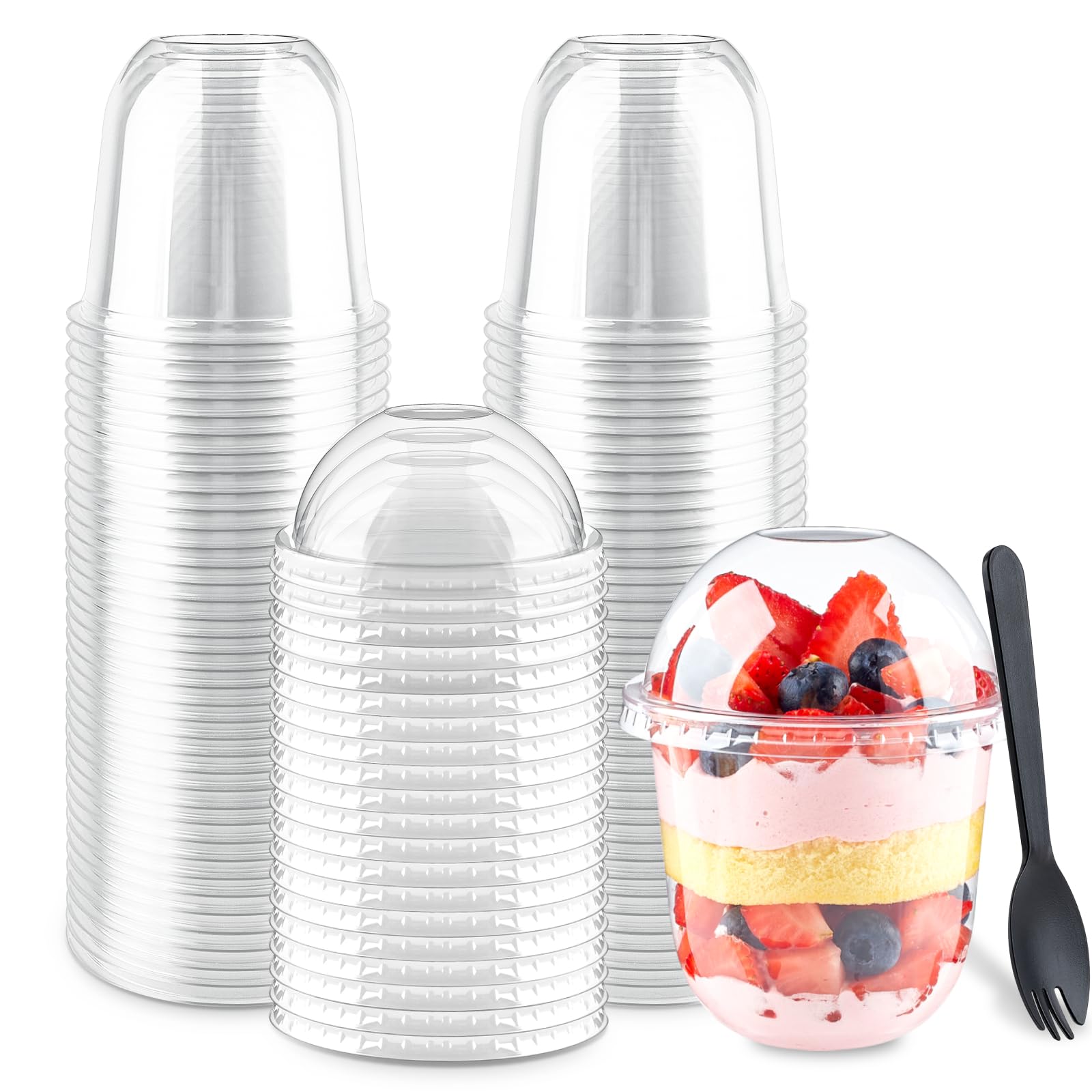 Zezzxu 50 Pack 12 Oz Plastic Dessert Cups With Dome Lids (No Hole) And Sporks, Crystal Clear Pet Disposable Yogurt Parfait Cups