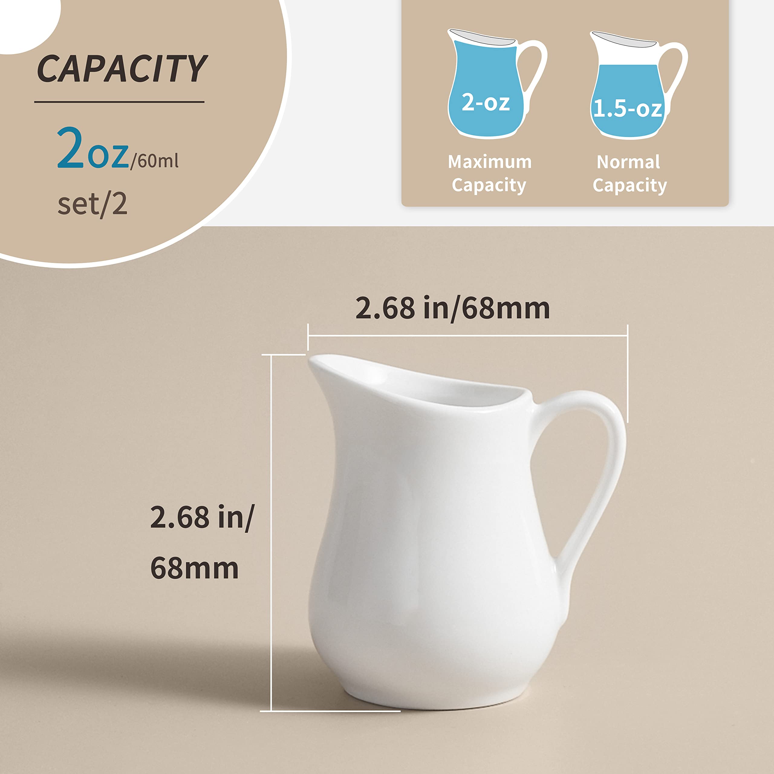 Gurygo 2 Oz (Set/2) Creamer Pitcher With Handle,Small Classic White Fine Porcelain Creamer Pitcher, Small Pitcher For Coffee Mil