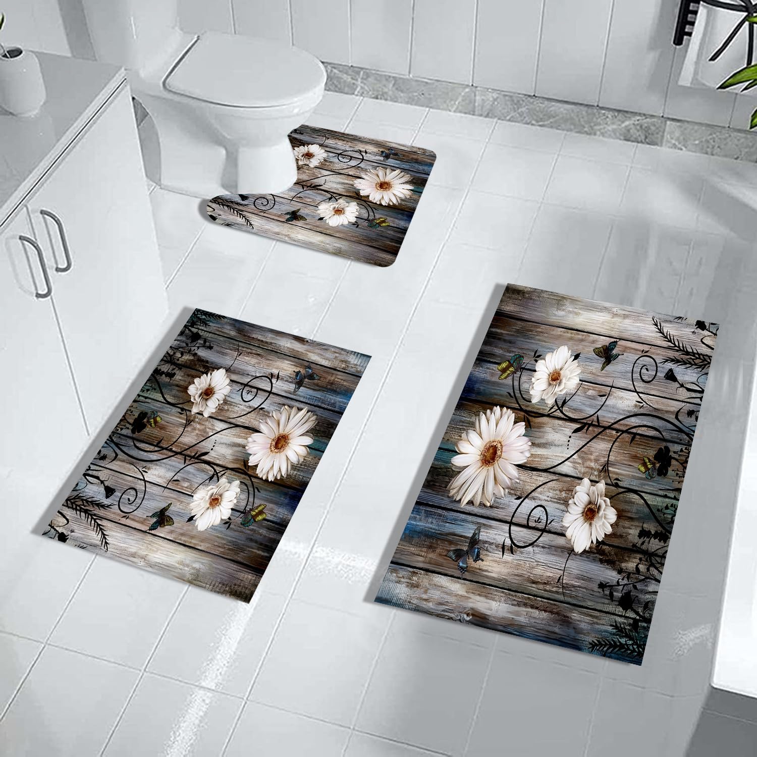 Muginyu Rustic Farmhouse Bathroom Mats Sets 3 Piece, Grey Daisy Floral Butterfly Bath Mat American Country Farm Thin Rubber Diat