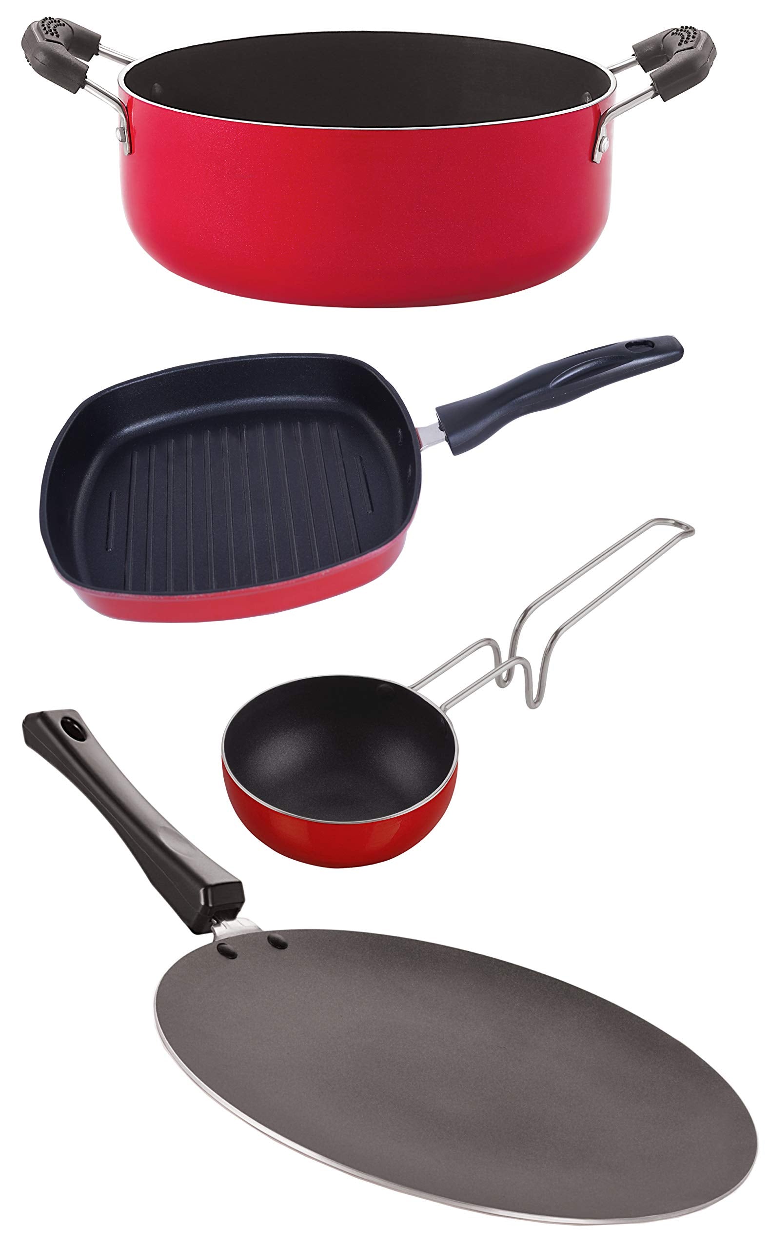 Nirlon Nonstick Coated Heat Resistance Pfoa Free Aluminium Cookware Gift 4 Pieces Set (Concave Tawa 27.5Cm + Vagariya 300Ml + Gr