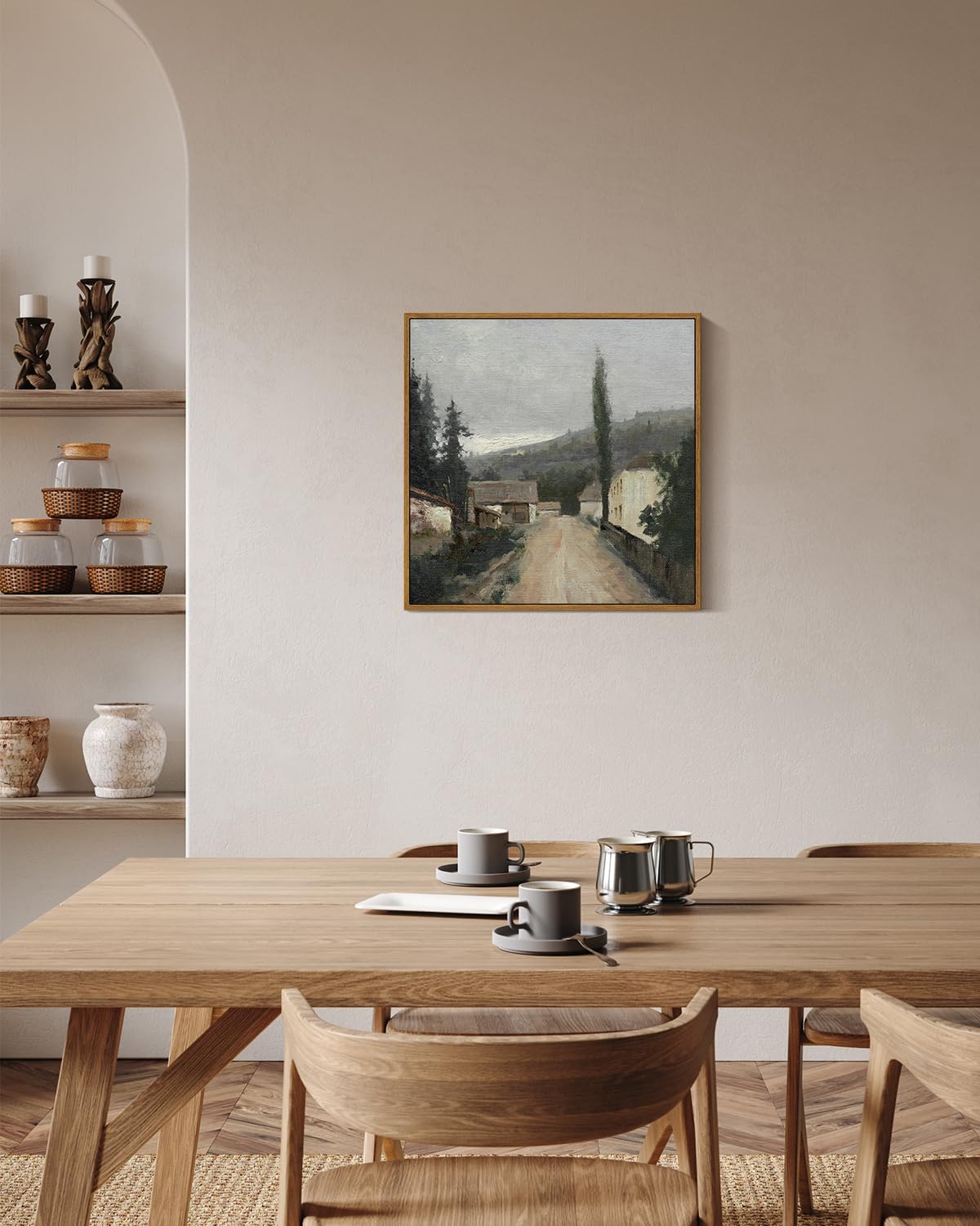 Insimsea Square Framed Canvas Wall Art, Vintage Village Paintings, Rustic Scenery Wall Pictures For Bedroom Bathroom Living Room