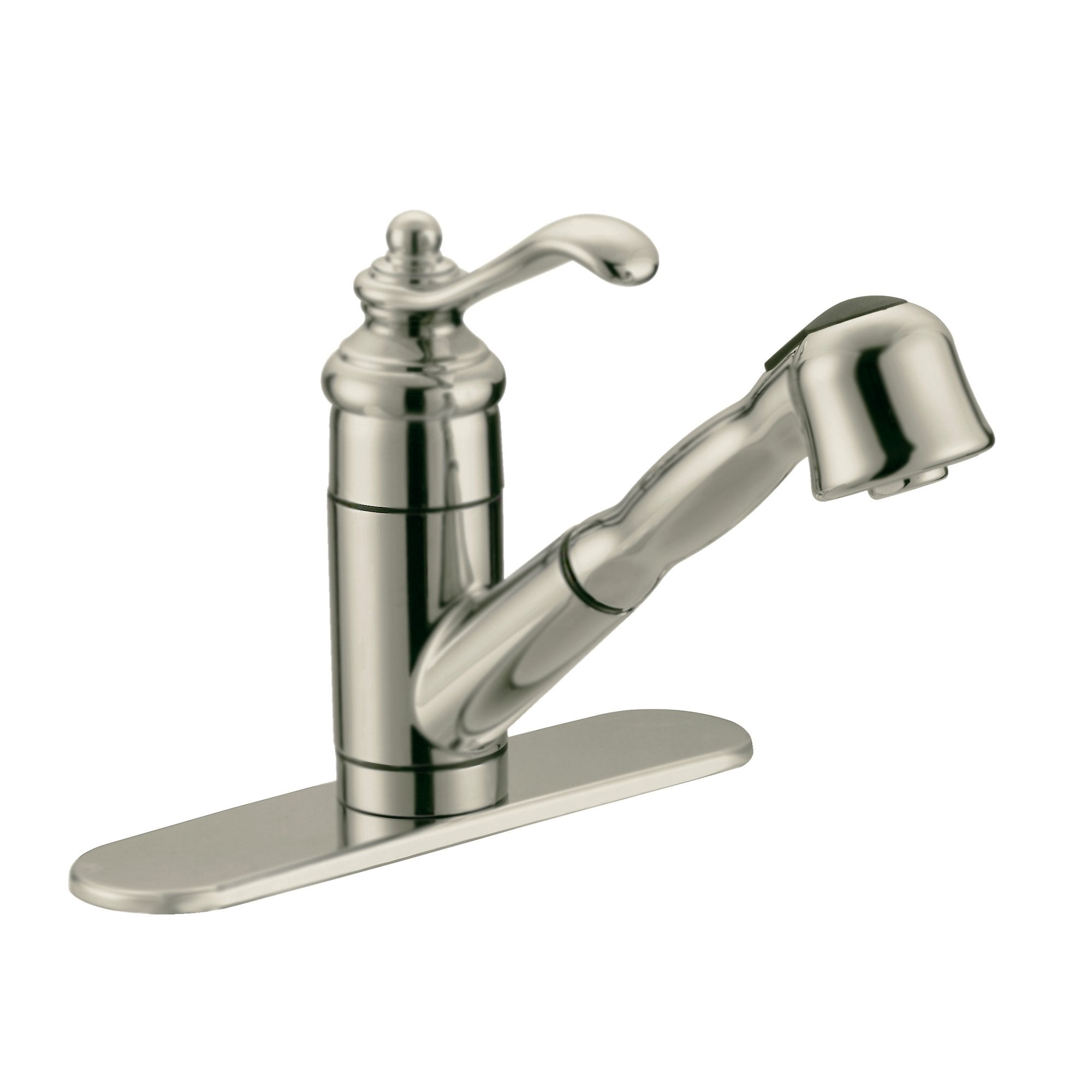 Designers Impressions 611465 Satin Nickel Single Handle Kitchen Faucet With Pull Out Sprayer - Includes Optional Deck Plate