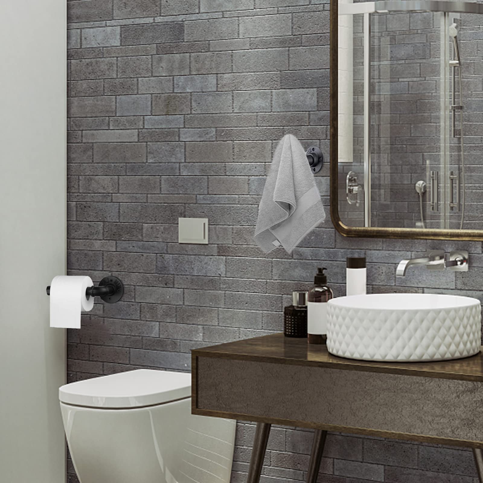 Industrial Black Toilet Paper Holder and Towel Ring  Bathroom Hardware Set  Wall Mounted Hardware Accessories  Includes Pipe Towel Rack Towel Ring  Matte Black Iron Finish for Bathroom 2PCS