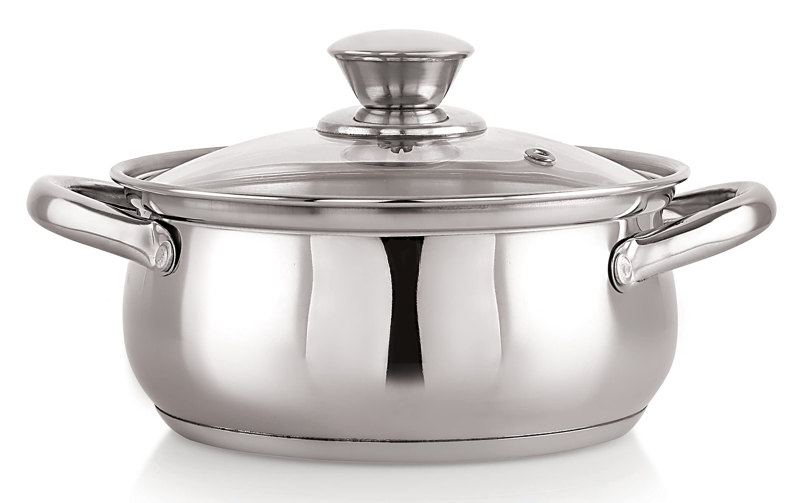 Nirlon Stainless Steel Induction & Gas Compatible Sandwich Bottom Casserole With Glass Lid/Belly Cass, Silver, 16 Cm (2 Litres)