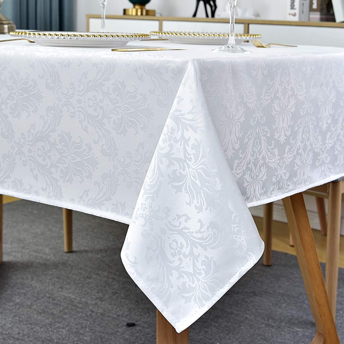 Rectangle Table Cloth - 60 X 120 Inch White Jacquard Tablecloths Damask Design Spillproof Wrinkle Resistant Shrinkproof Soft Tab