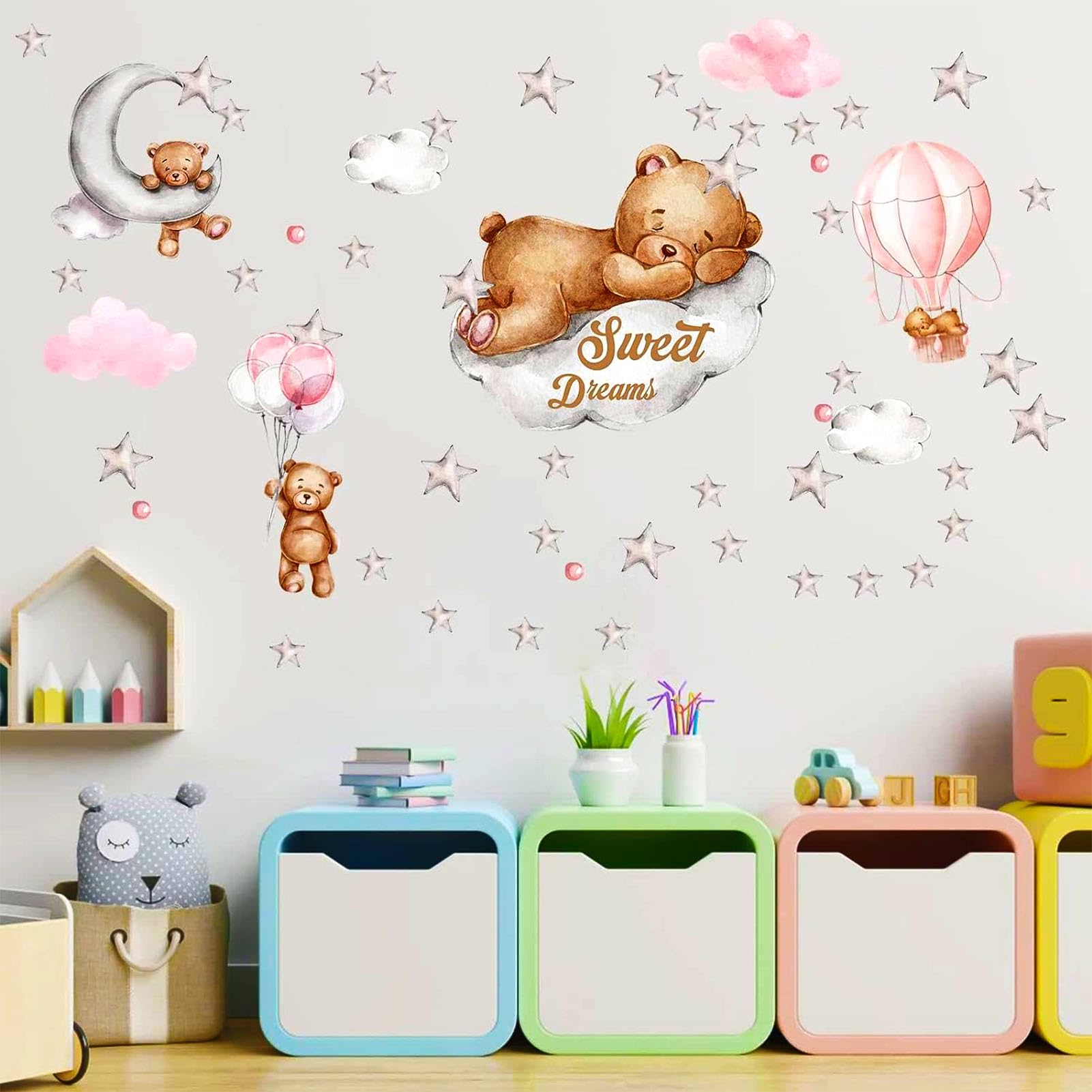 Tedy Bear Wall Stickers, Bear Nursery Wall Decor, Bear Sleeping On The Moon And Stars Wall Stickers For Nursery, Babies Room Bea