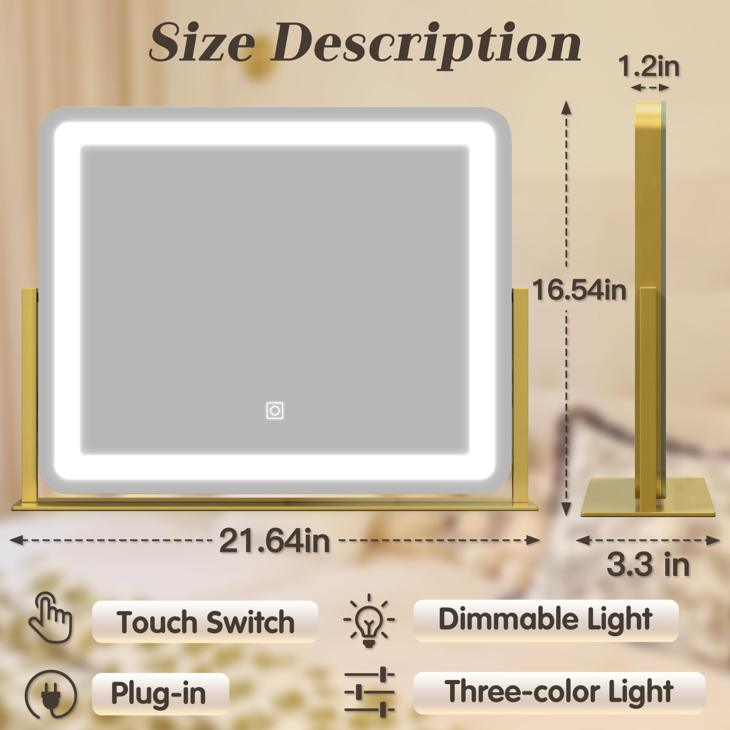 Rolove Gold Vanity Mirror With Lights - Smart Touch Dimming, 3-Color Lighting, 360 Rotatable Desktop Makeup Mirror For Desk, 22X