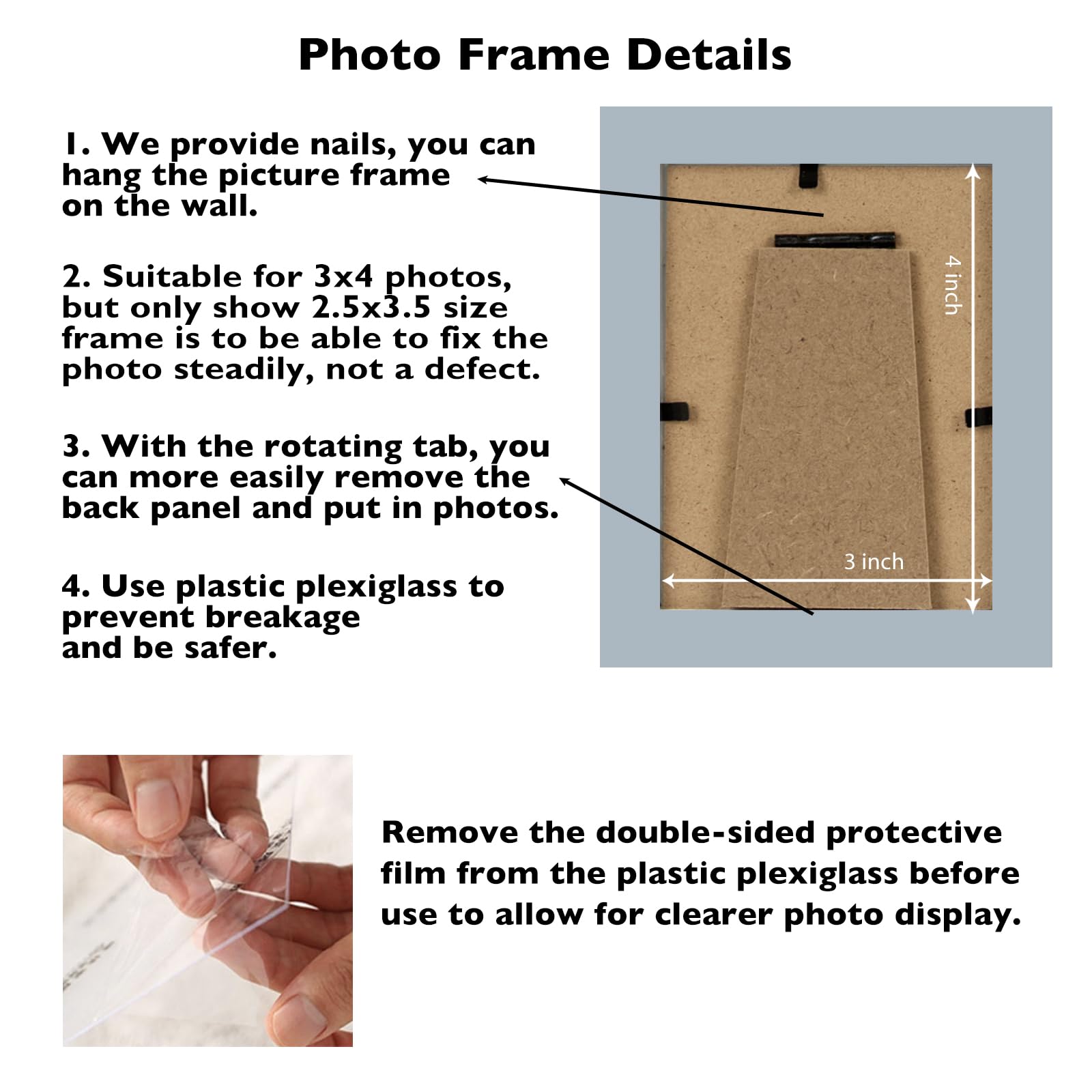 JCJMY 3x4 Picture Frame Black for Tabletop or Wall, 3 x 4 Wall Gallery Poster Photo Frame with Shatter Resistant Plexiglass, Rus