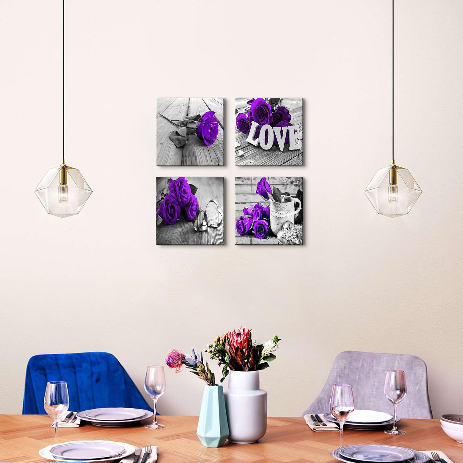 Purple Wall Art Bathroom Decor Rose Flower Canvas Prints Black and White Grey Background Romantic Love Painting Artwork Couple Bedroom Pictures Floral Posters Living Room Home Decorations 12x12 4 Pcs