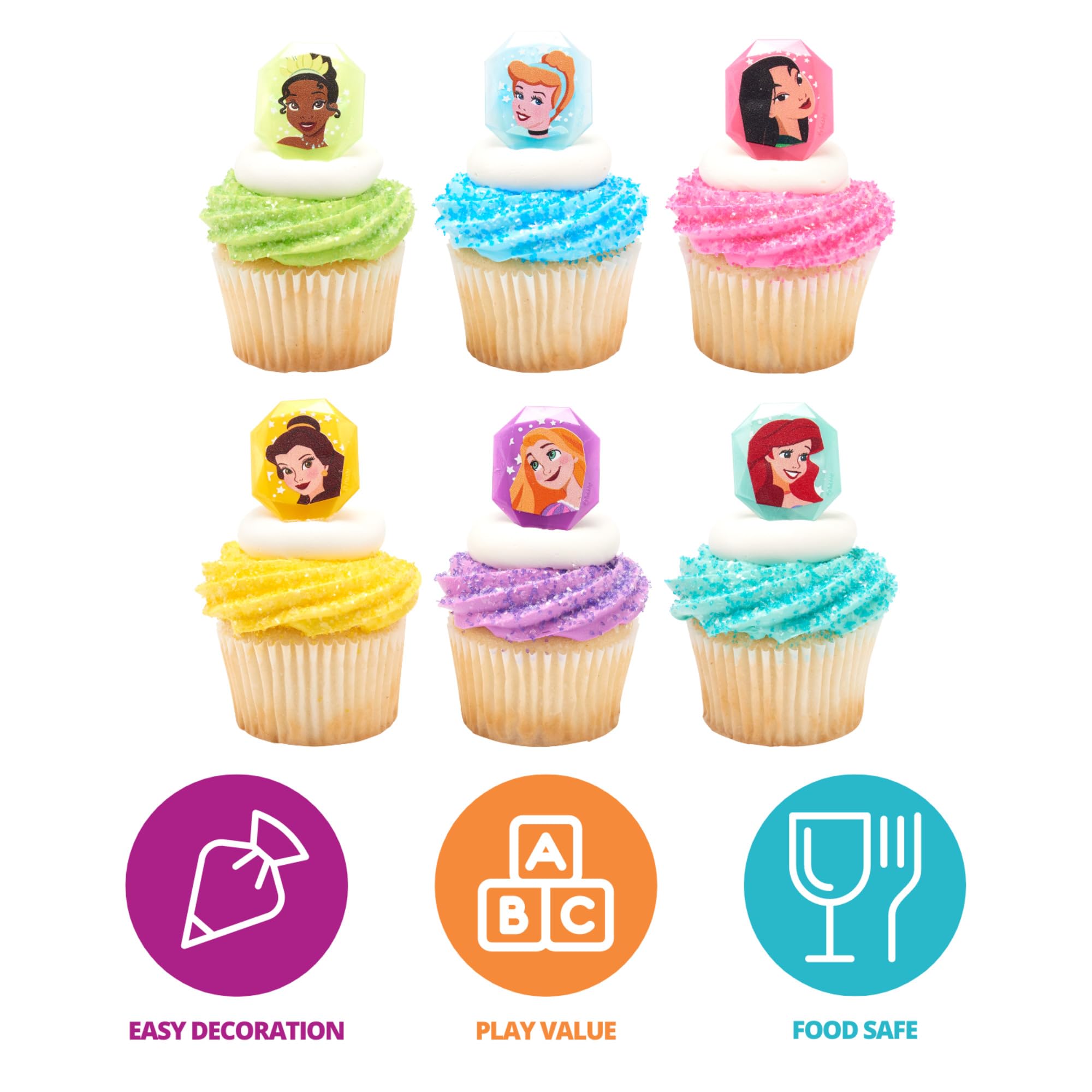 DecoPac Disney Princess Gemstone Rings  Cupcake Decorations Featuring Mulan  Cinderella  Tiana  Belle  Rapunzel and Ariel  Multicolored 3D Food Safe Cake Toppers - 24 Pack