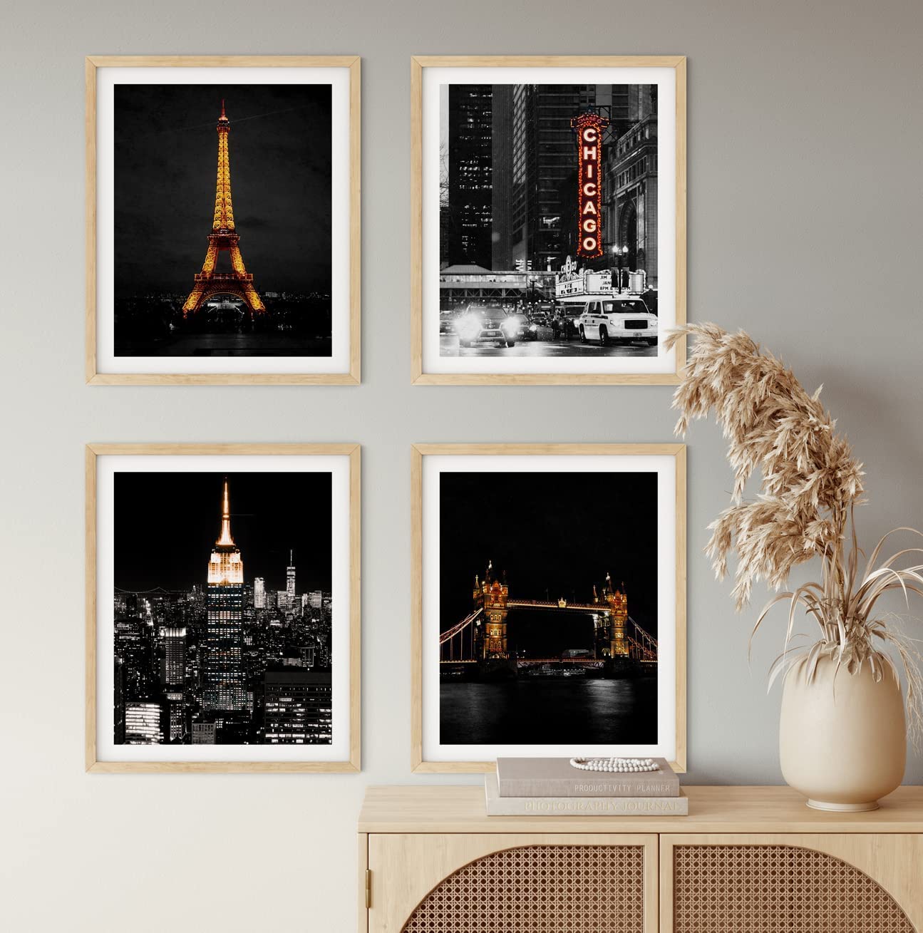 Famous City Art - Us Skyline Photos, City Aesthetic Bedroom Posters, Travel Gifts Set 4 City Skyline Of Eiffel Tower, Chicago, E