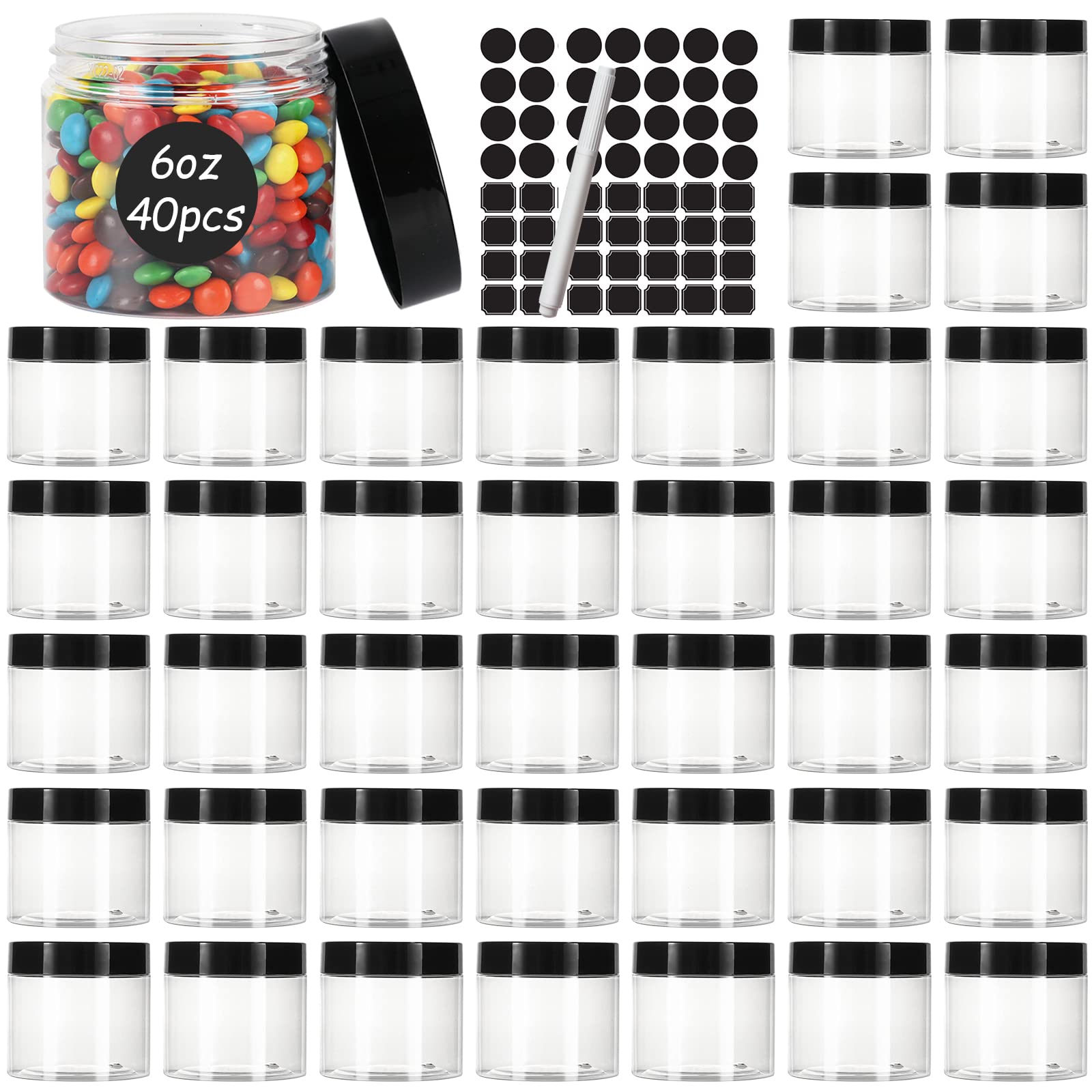 Keketin 40 Pack Plastic Jars With Black Lids 6 Oz,180Ml Round Plastic Containers Clear Cosmetic Jars,Refillable Empty Storage Co