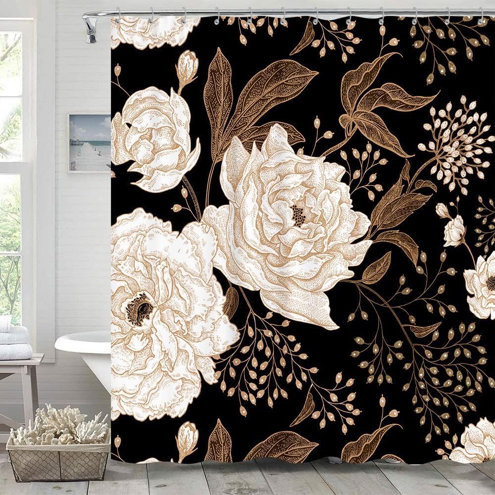 Black And Gold Shower Curtain, Dark Roses Leaves Botanical Aesthetic Boho Floral Shower Curtain For Bathroom With Hook, Vintage