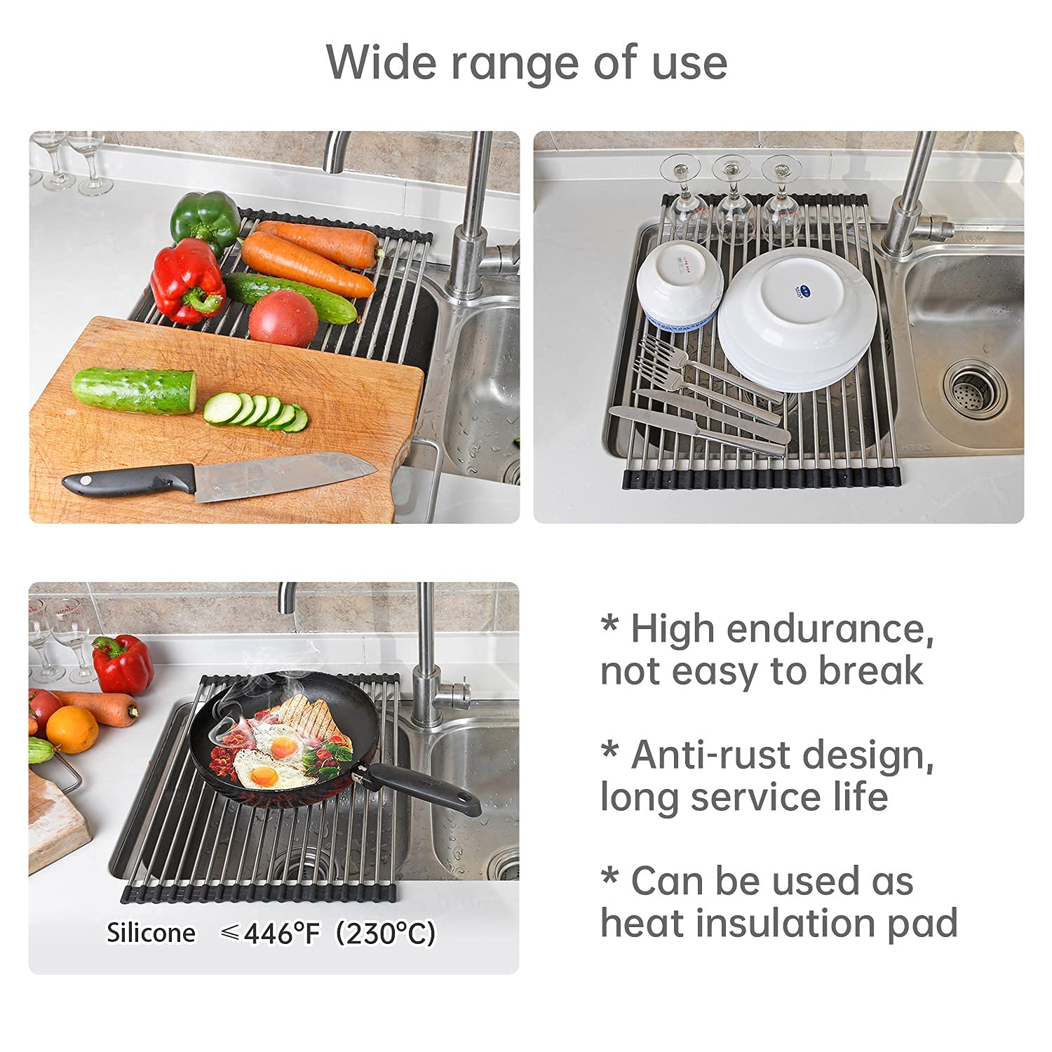 Arainy Large Telescopic Drain Rack Roll Up Dishes Drying Rack Expandable Kitchen Sink Rack Over The Sink Dish Drying Rack Sus304