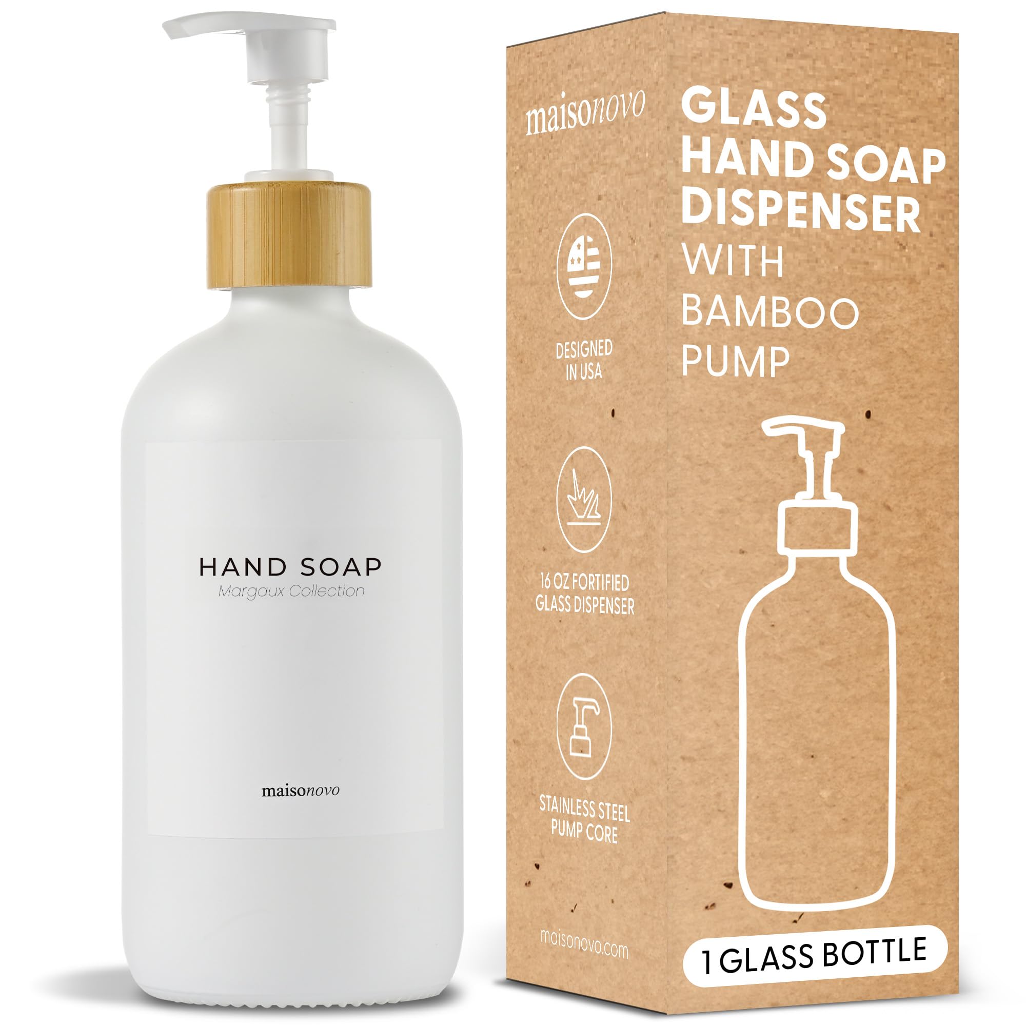Maisonovo Hand Soap Dispenser | 16.9 Fl Oz Glass White Soap Dispenser With Bamboo Pump