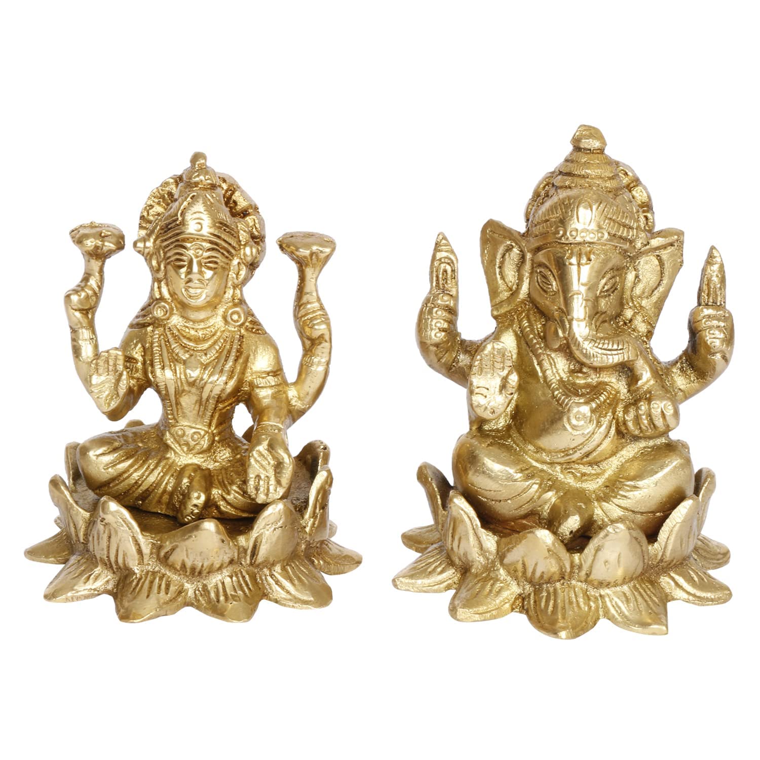 Kartique 3-Inch Brass Lakshmi Ganesh Idol Set With Golden Finish, Ideal For Home Decor And Pooja Room
