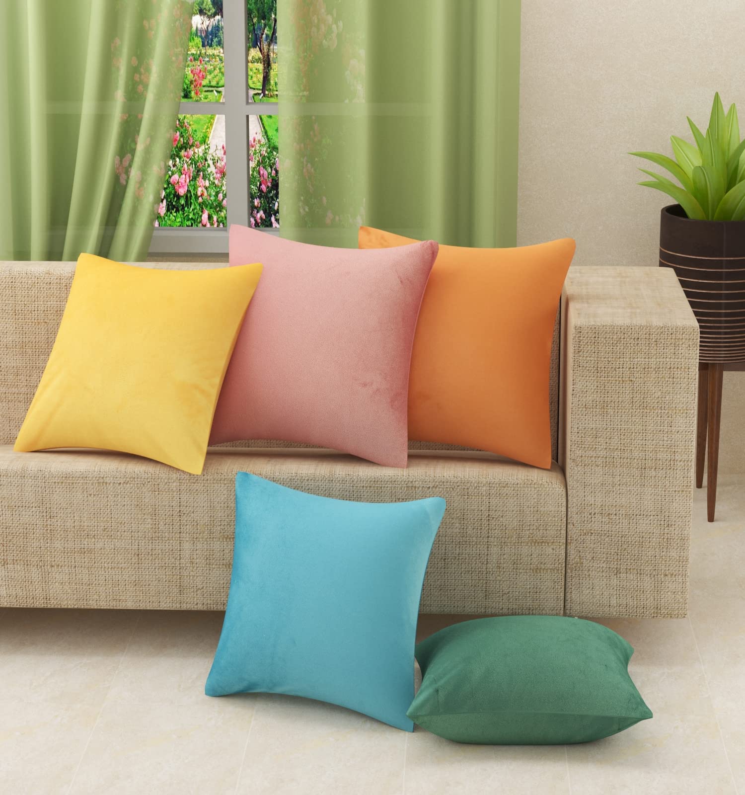 Stuffique Velvet Throw Pillow Cover 190 Tc Solid Plain Cushion Covers Set Of 5 For Sofa Couch Bed Chair 12 X 12 Inch, Multi2