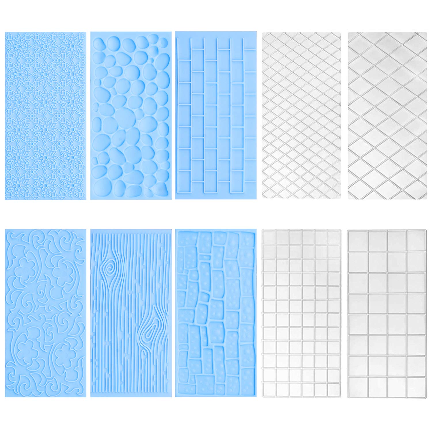 10Pcs/Set Fondant Impression Mat, Tree Bark Brick Stone Wall Flower Cobblestone Diamond Quilted Grid Texture Design Embossed Lac
