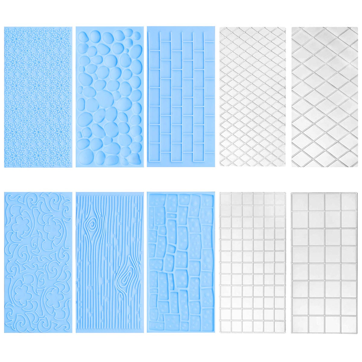 10Pcs/Set Fondant Impression Mat, Tree Bark Brick Stone Wall Flower Cobblestone Diamond Quilted Grid Texture Design Embossed Lac