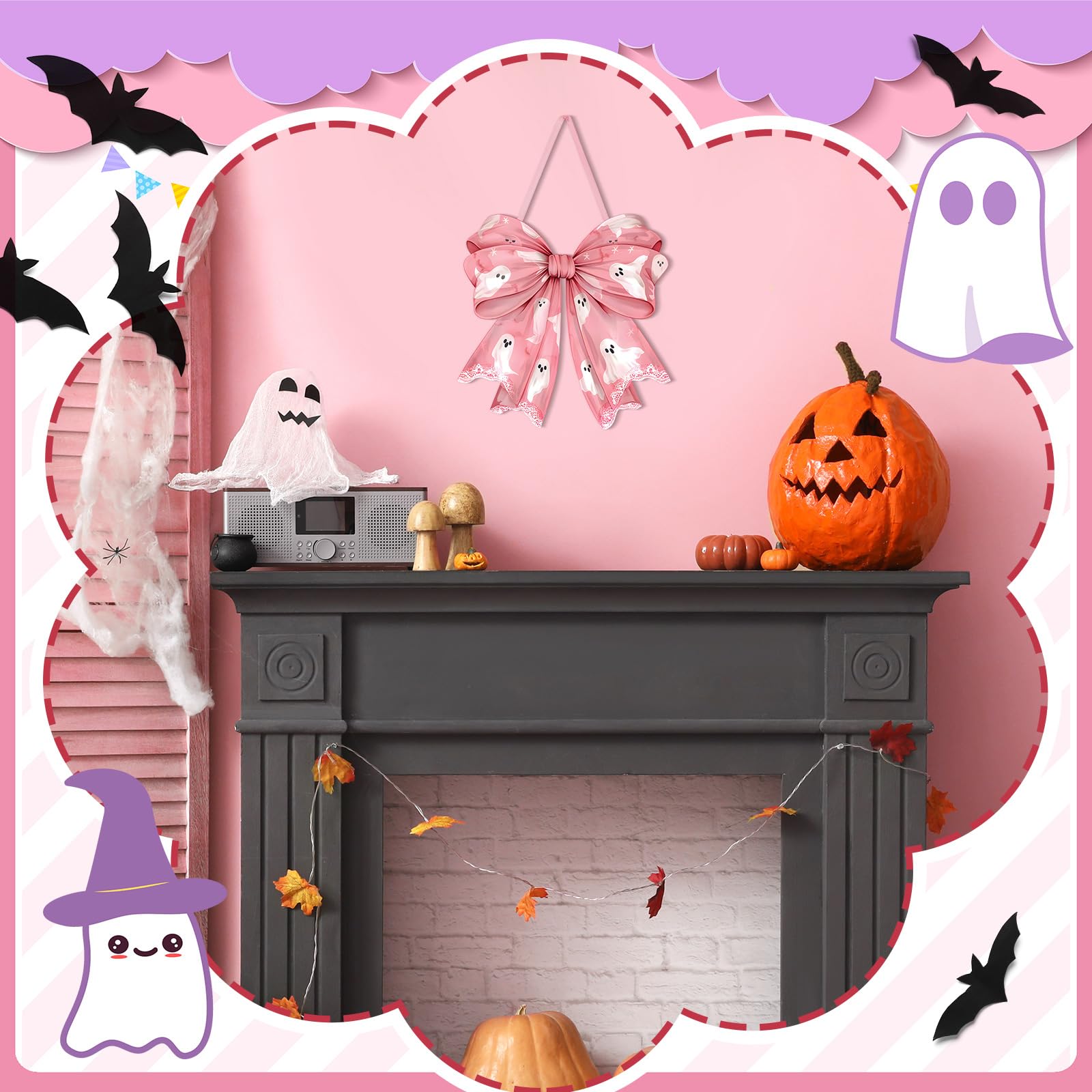 RattanView Pink Halloween Coquette Bows Ghost Wooden Hanging Sign Spooky Season Aesthetic Coquette Halloween Wall Art Bowknot We
