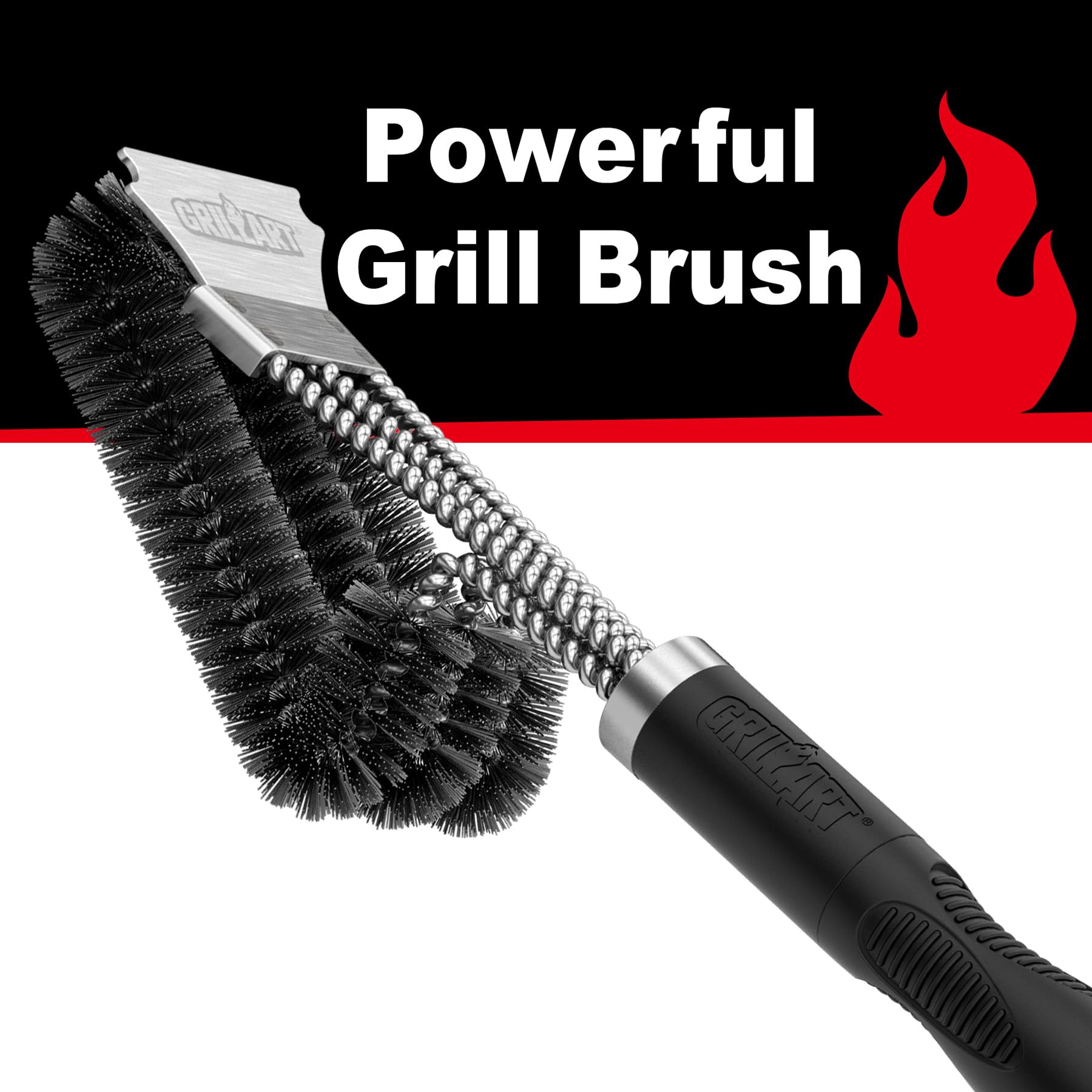 GRILLART Grill Brush and Scraper, Stainless Steel BBQ Cleaner, Dark Night Black, Model BR-8115 for Gas/Charcoal Grilling Grates