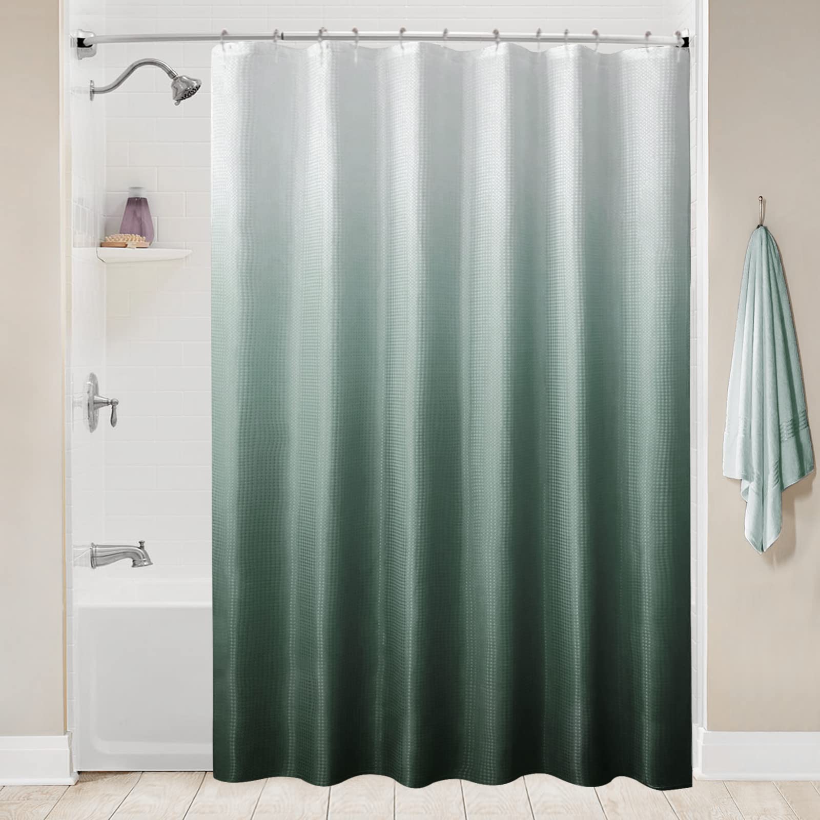 BBiggood 36 x 72 Small Stall Shower Curtain  Dark Green Ombre Narrow Shower Curtain for Bathroom  36 Inch Waffle Weave Fabric Shower Curtain Set with Hook  Water Repellent