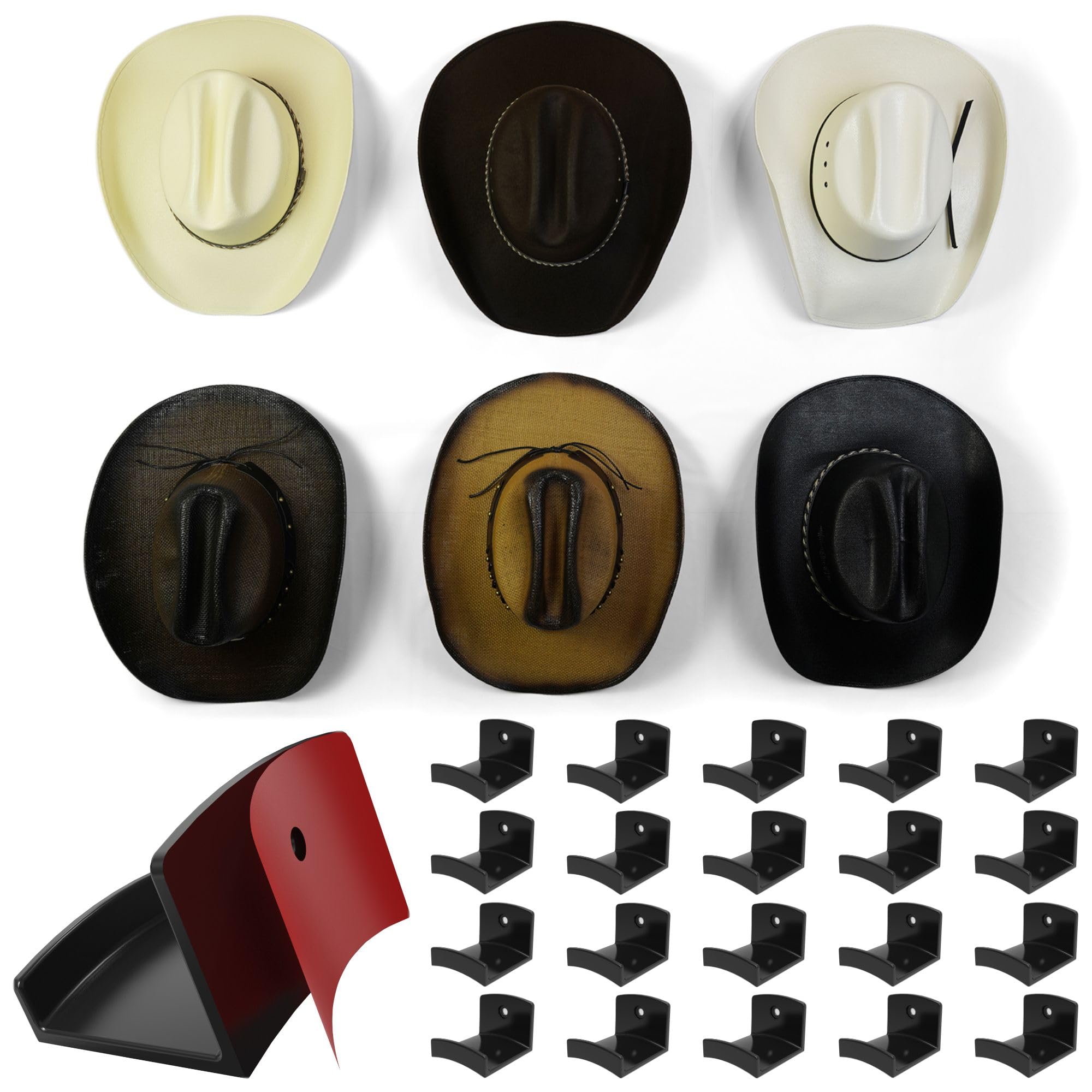 Modern JP Adhesive Hat Hooks for Wall (20-Pack) - Cowboy Hat Rack, Wide Brim Hat Organizer, Strong Hold Hat Hangers for Wall - B