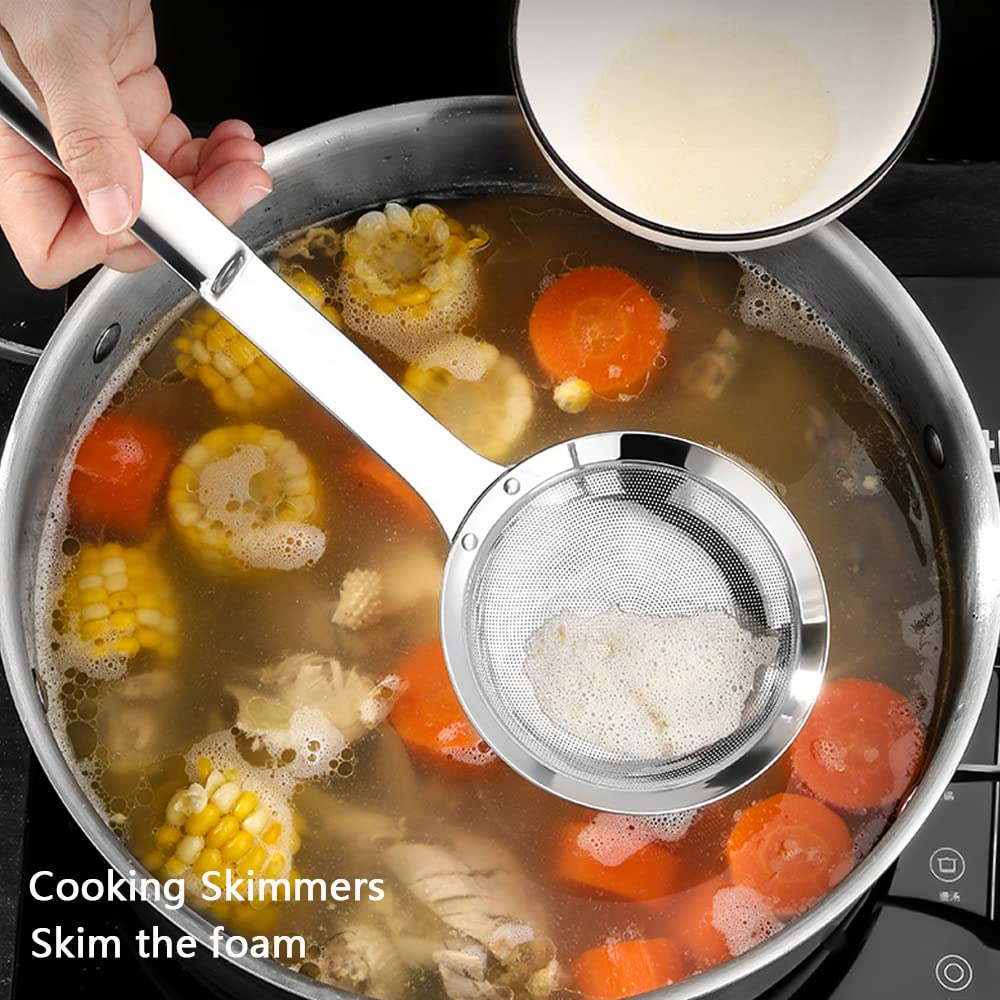 Hvanam Sieve Fine Mesh Strainer Set Stainless Steel Metal Flat Cooking Skimmer Ladle Colander With Handle Food Strainer Kitchen
